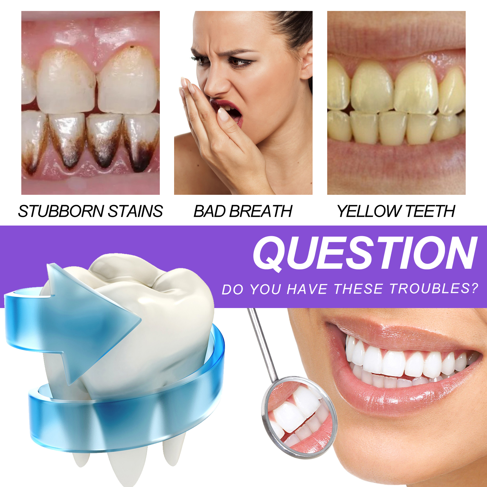 Purple toothpaste stain and breath care promotional collage