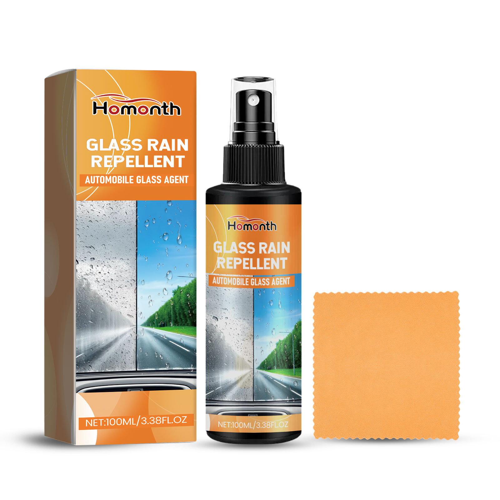 Fine-mist windshield spray bottle with microfiber cloth