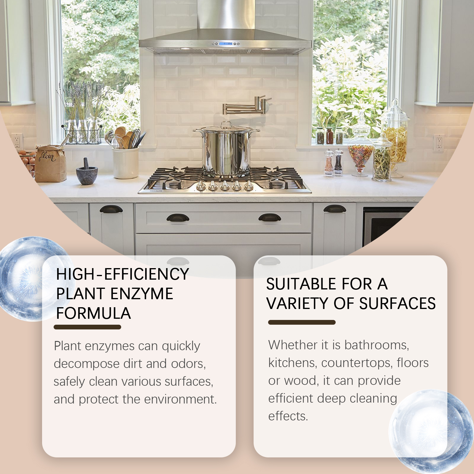 Cleaner bottle aimed toward a bright kitchen counter
