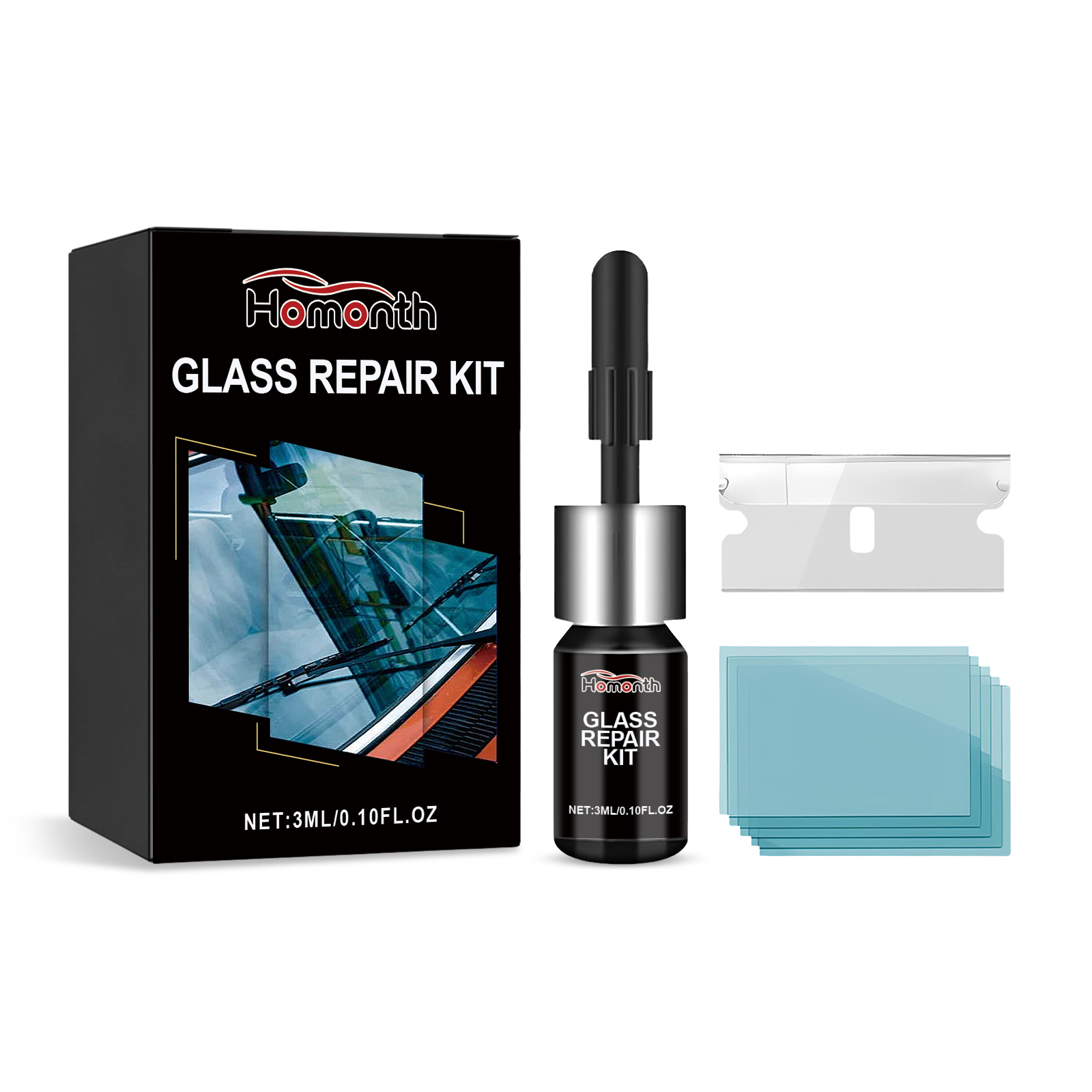 Windshield adhesive kit components arranged together