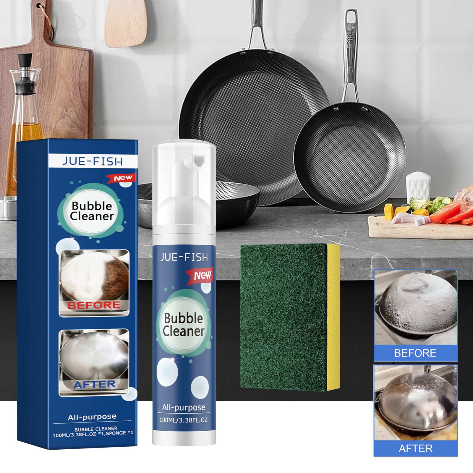 Kitchen cleaner beside stained cookware after cooking