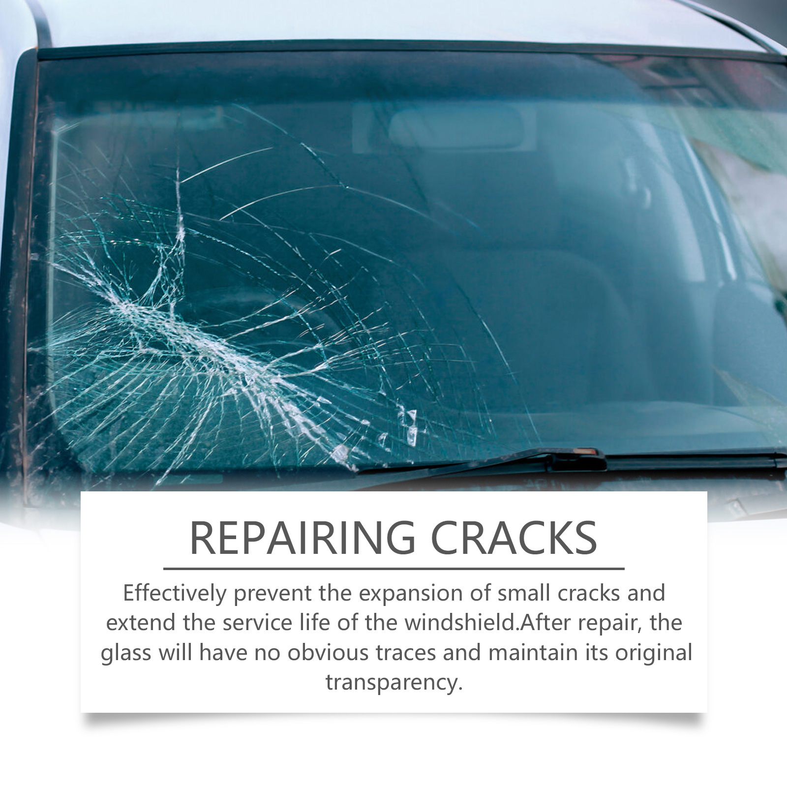 Scraper tool shown beside damaged windshield glass