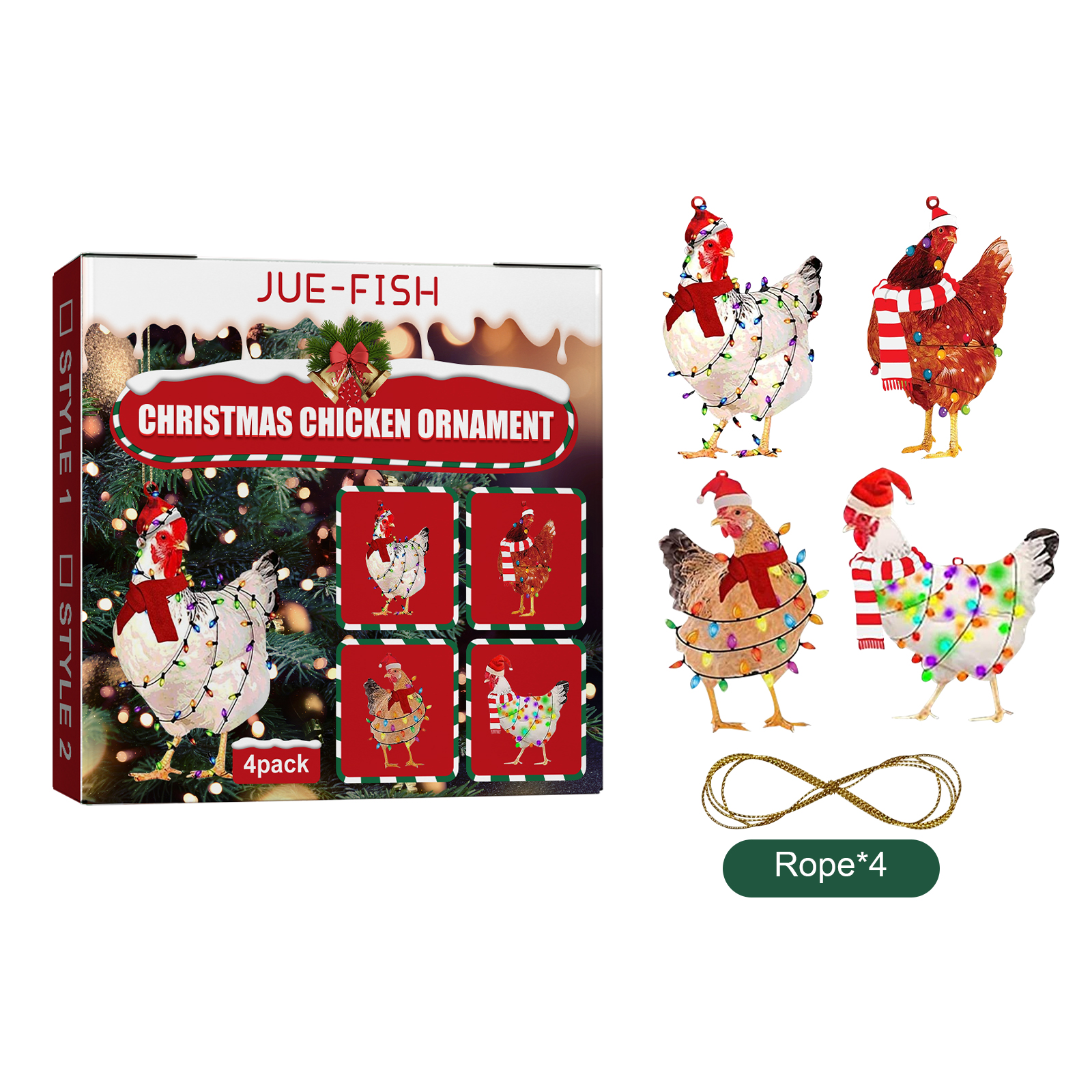 Colorful chicken ornaments with scarves hats and glitter details
