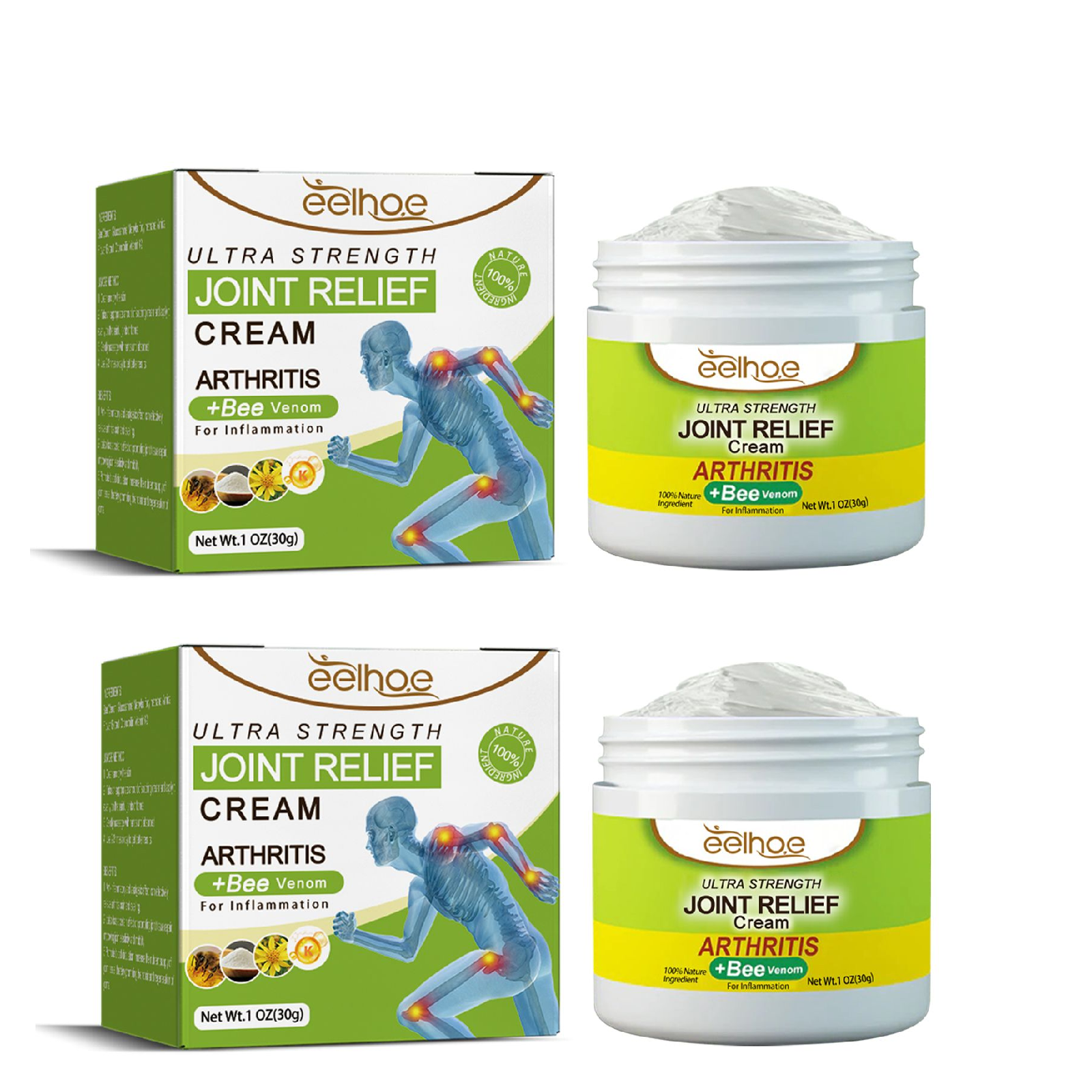 Eelhoe Ultra Strength Joint Relief Cream box with arthritis joint diagram and natural ingredients claim