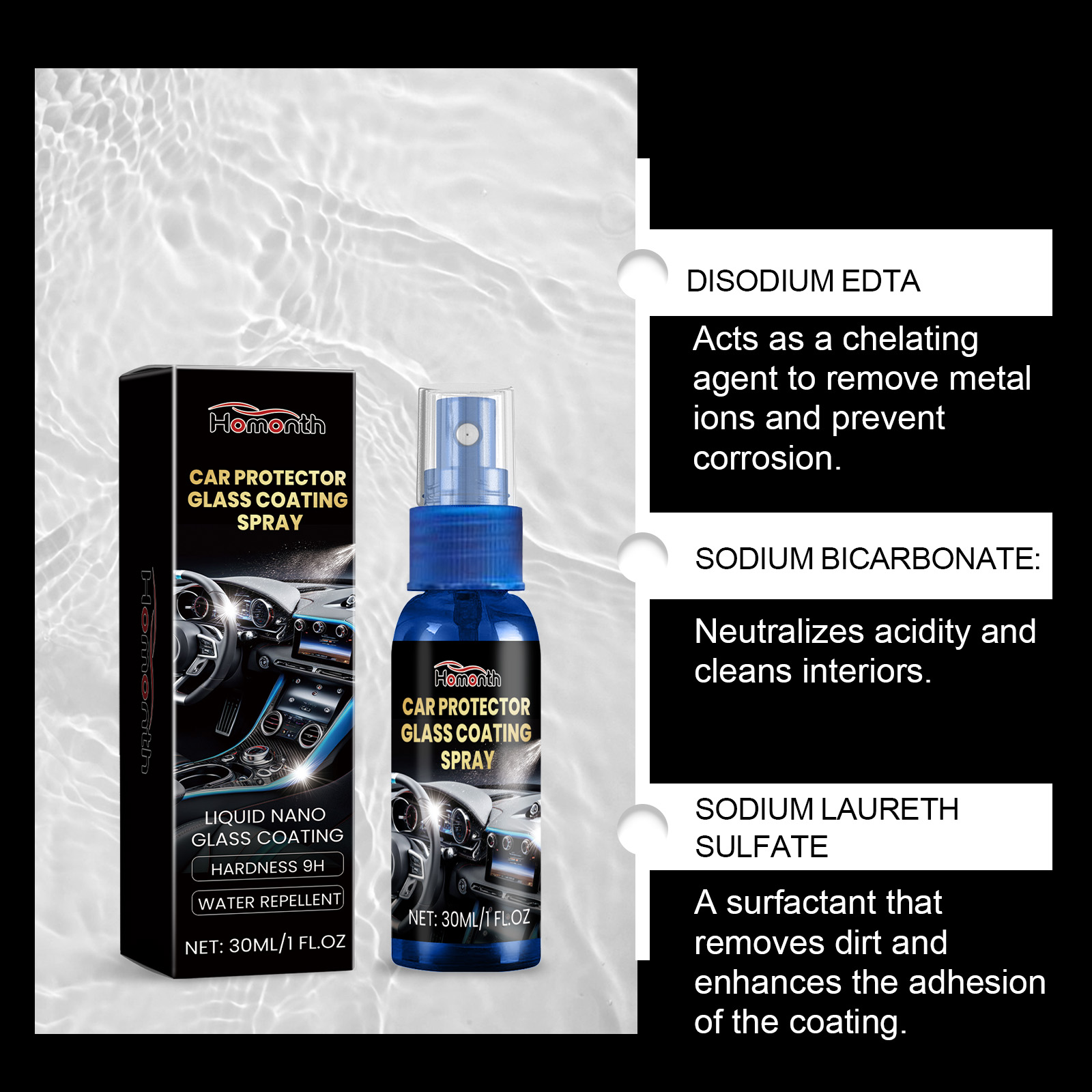 Automotive coating packaging with watery protective finish imagery