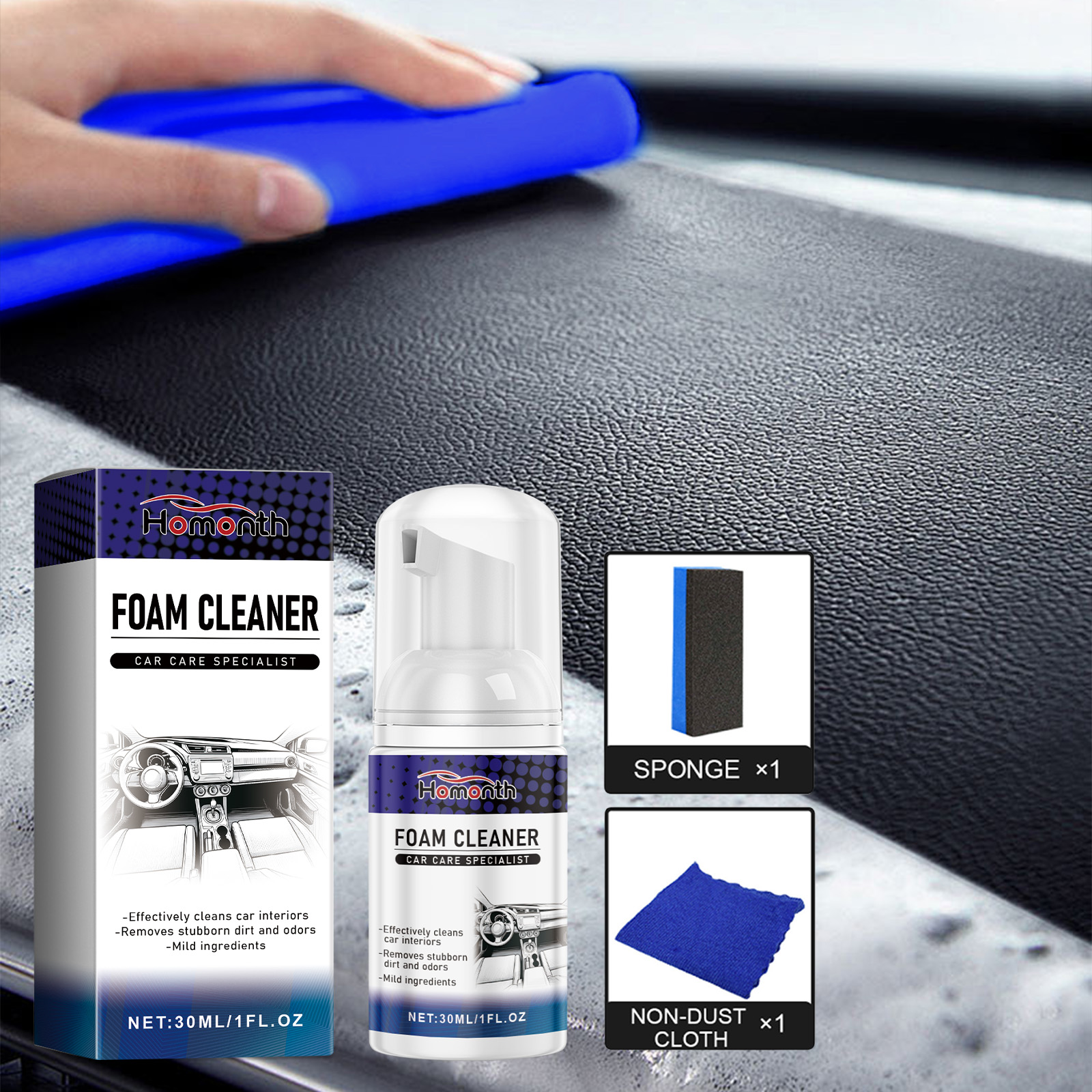Blue cloth wiping foam-cleaned car interior trim