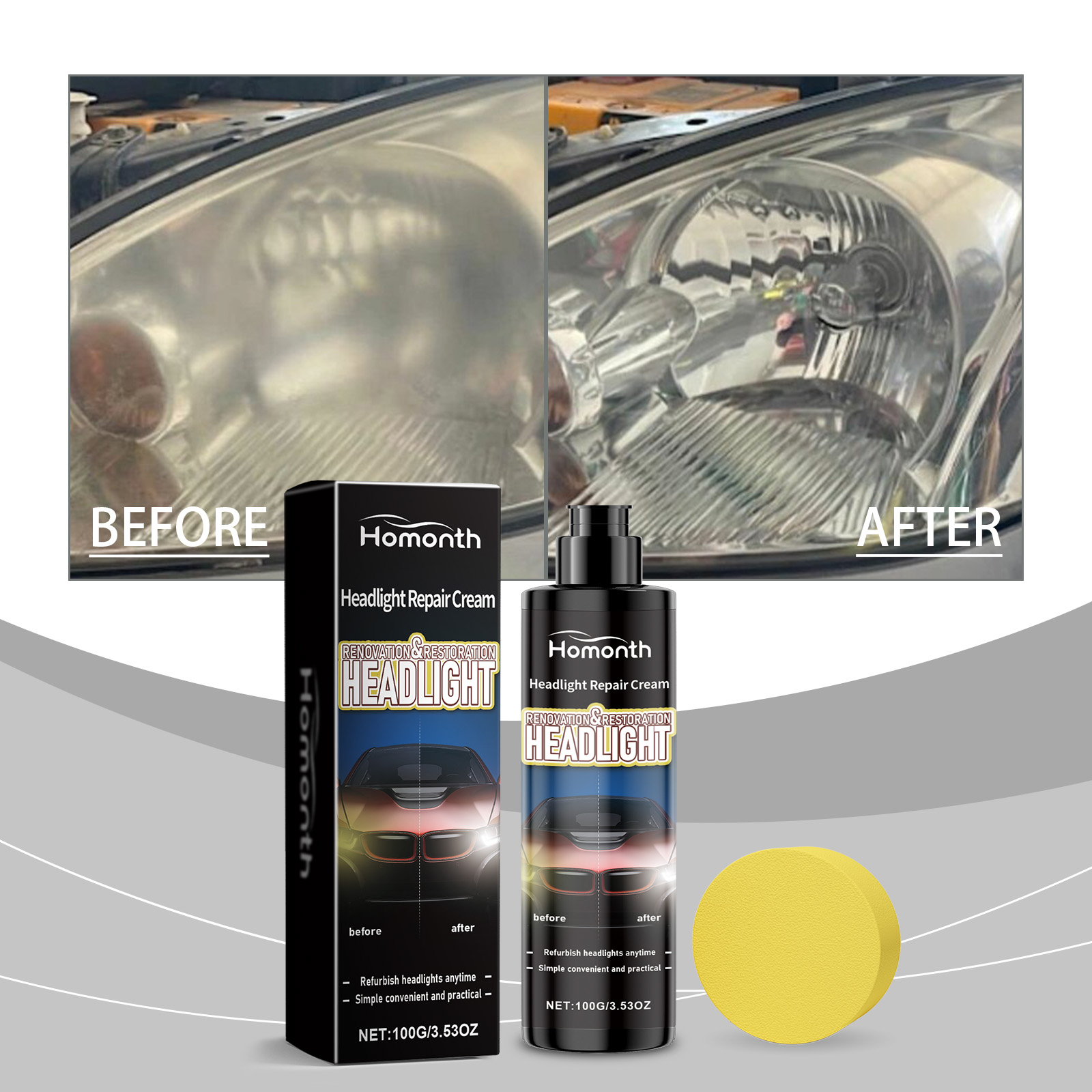 Cloudy and clearer headlight comparison after polishing