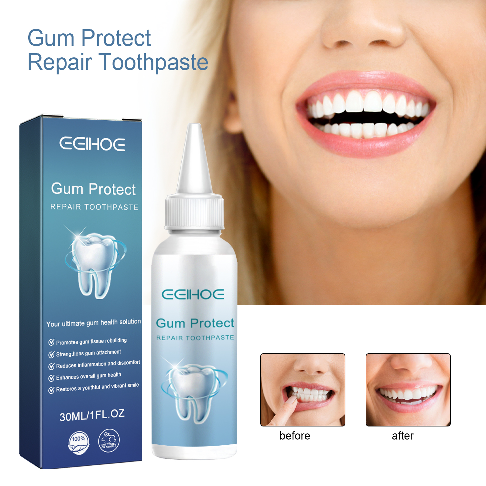 Smiling woman beside toothpaste and brighter smile comparison