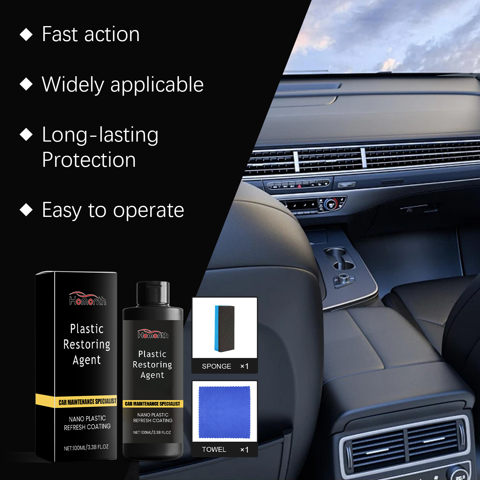 Black restoration bottle beside automotive interior trim