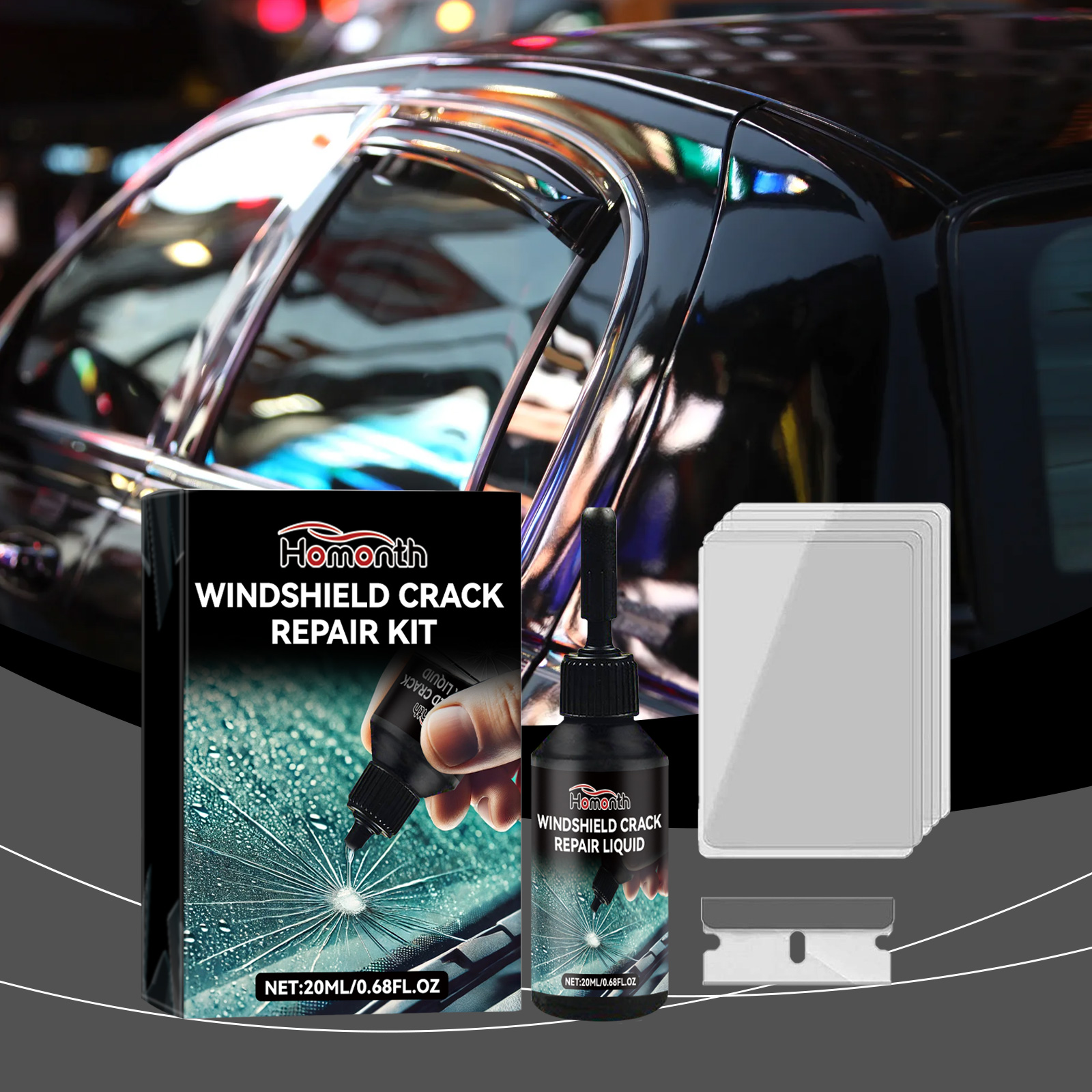Compact repair kit ready beside a black vehicle