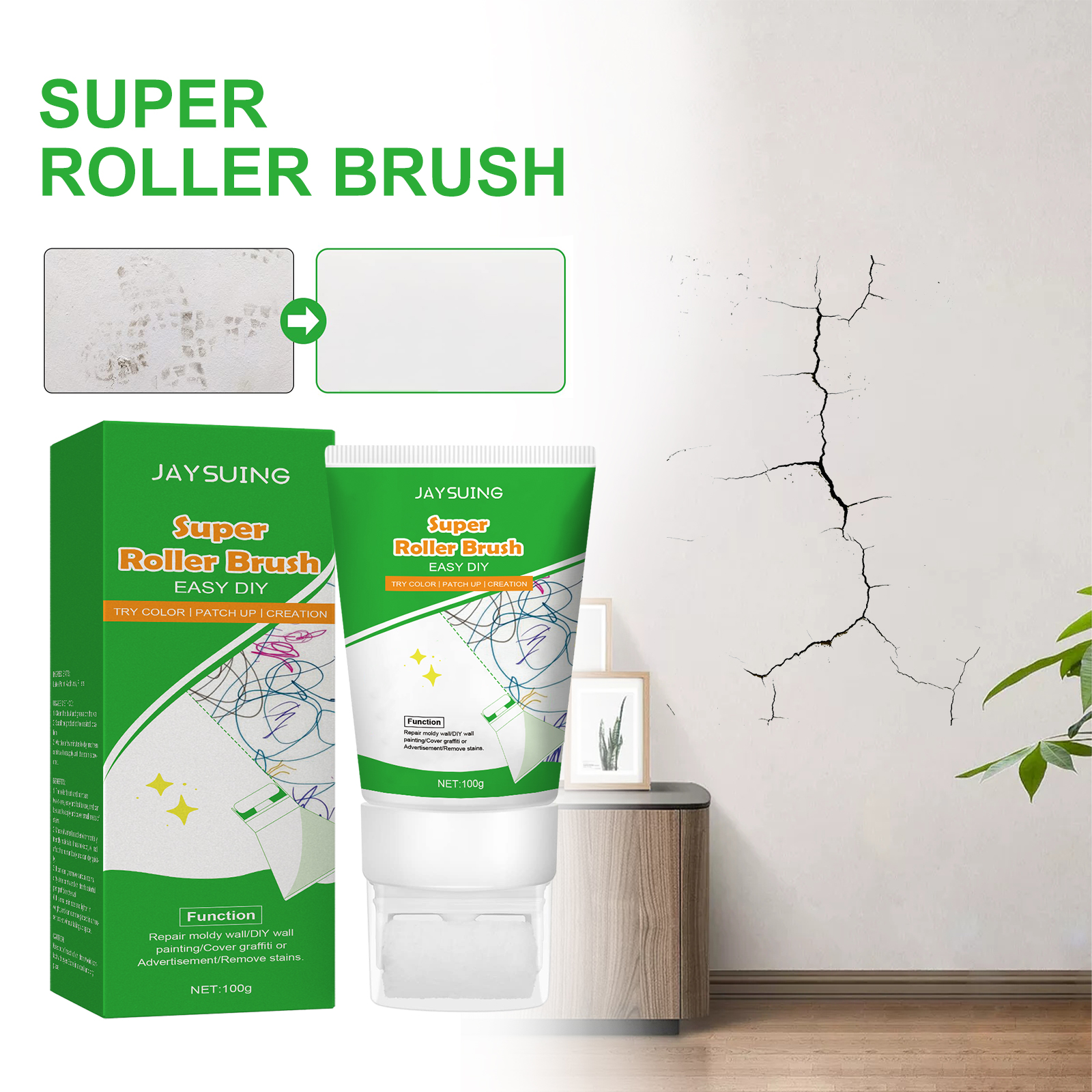 Compact wall paint roller tube beside damaged wall