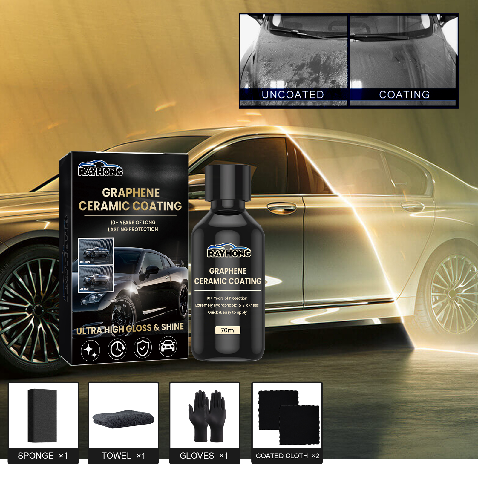 Coated and uncoated car paint comparison beside kit