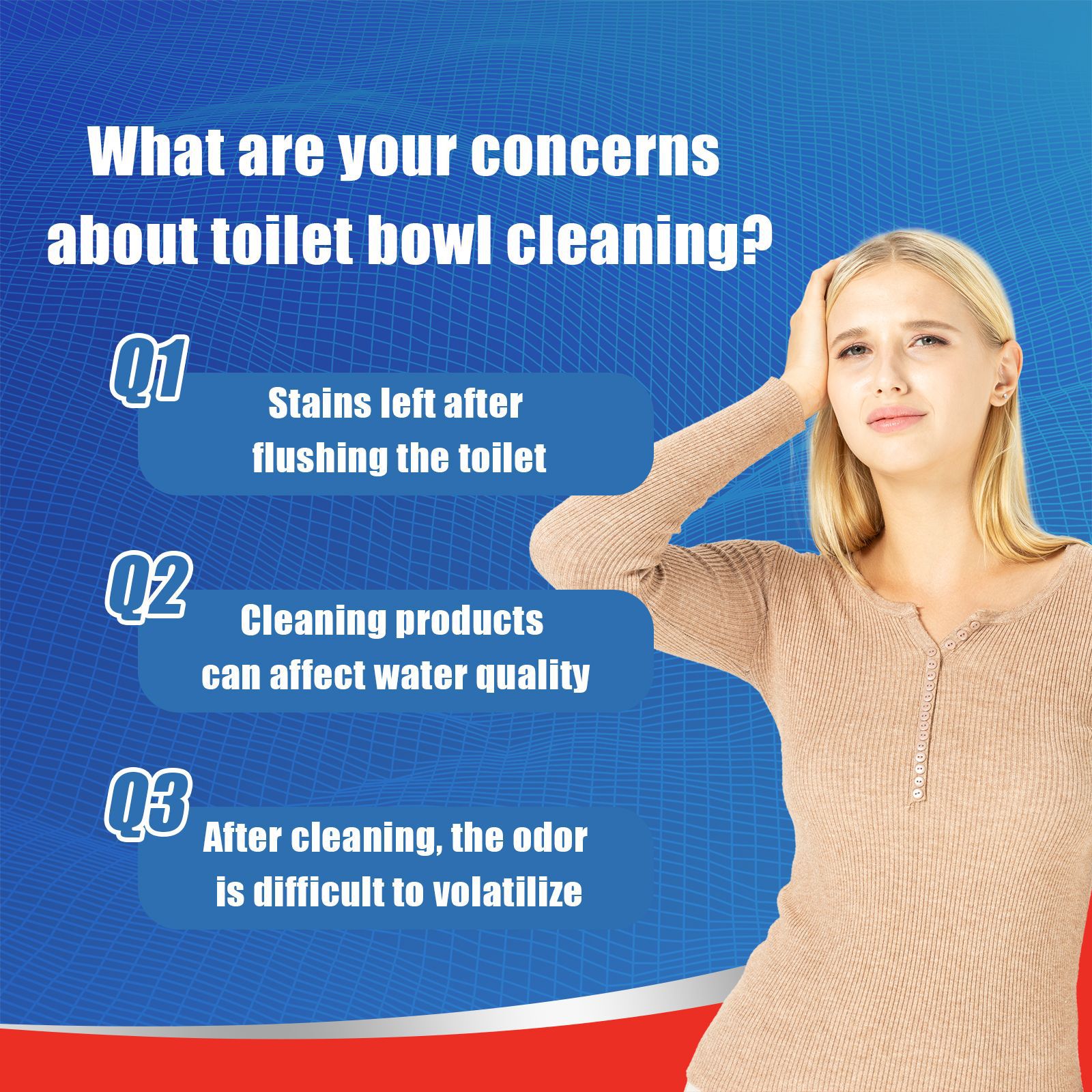 Toilet cleaner graphic showing stain and buildup care