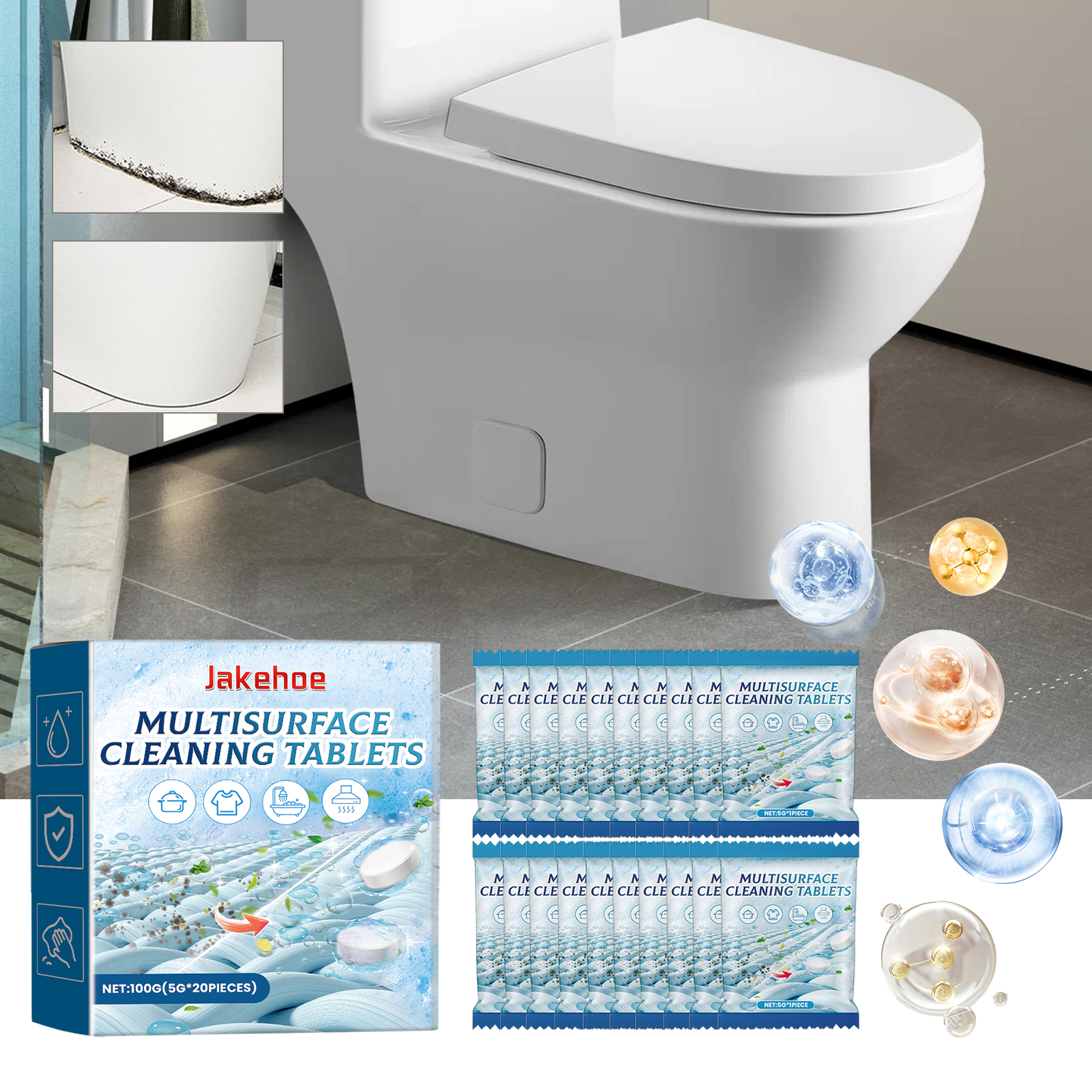 Cleaning tablet box shown in a bathroom cleaning scene