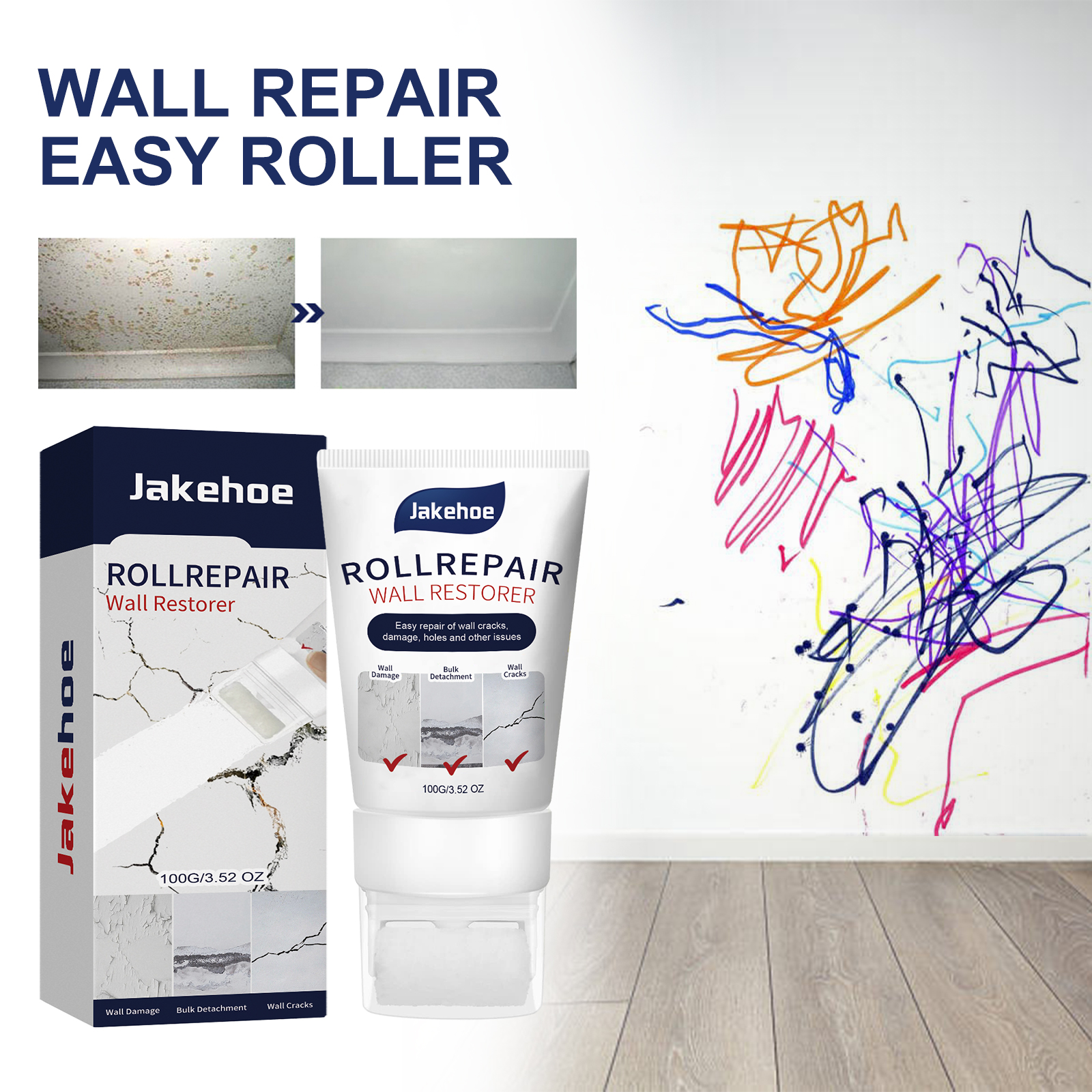 Wall repair paste packaging with covered roller applicator