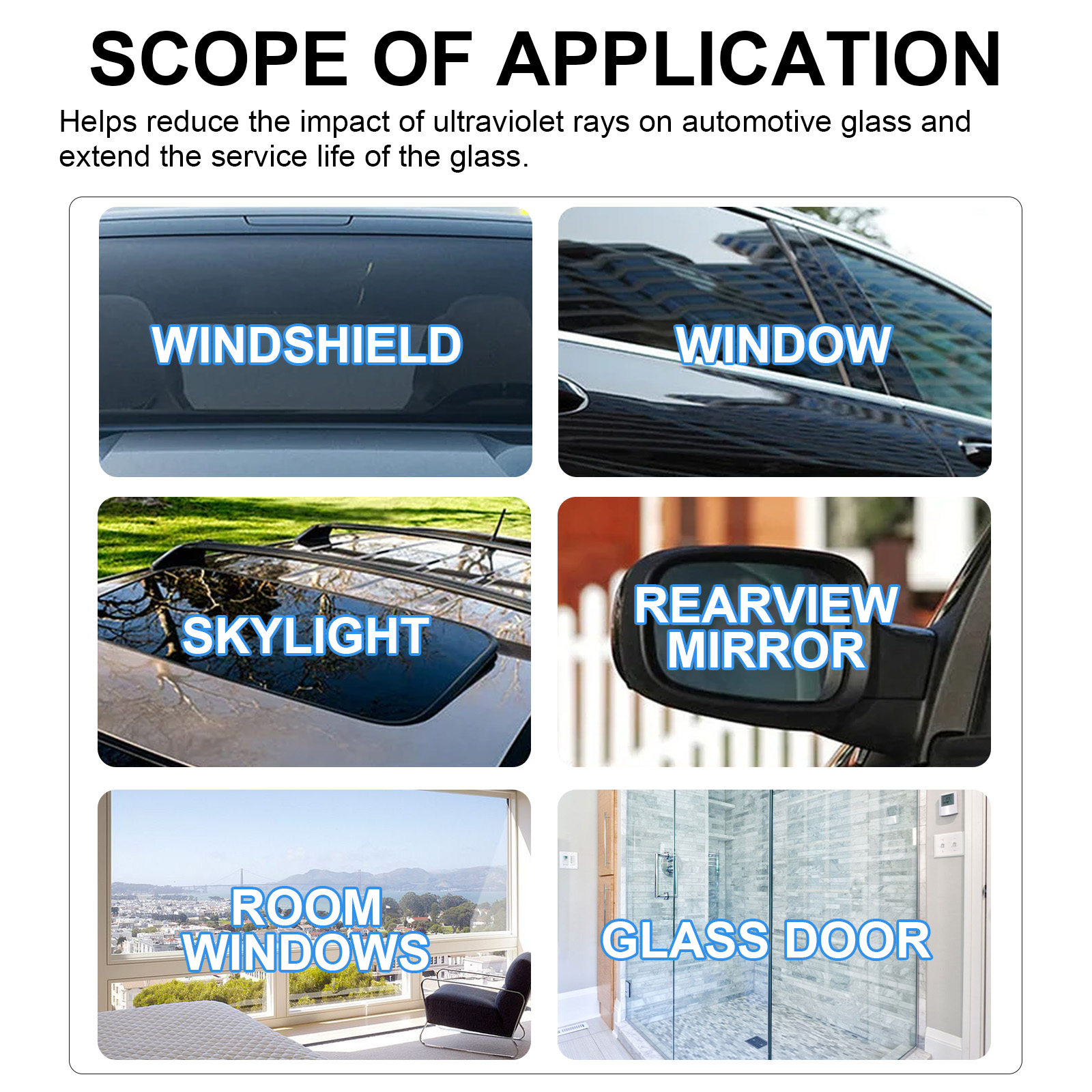 Glass surface application range including mirrors and windows