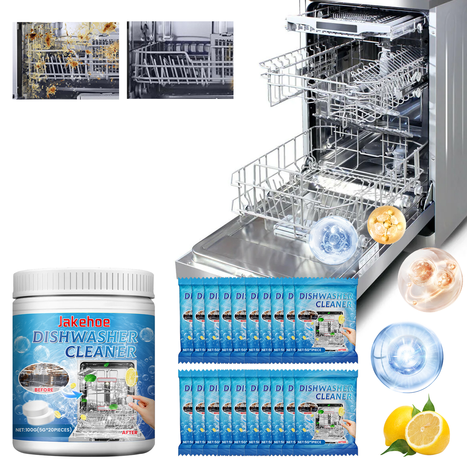 Cleaner jar beside an open dishwasher in kitchen