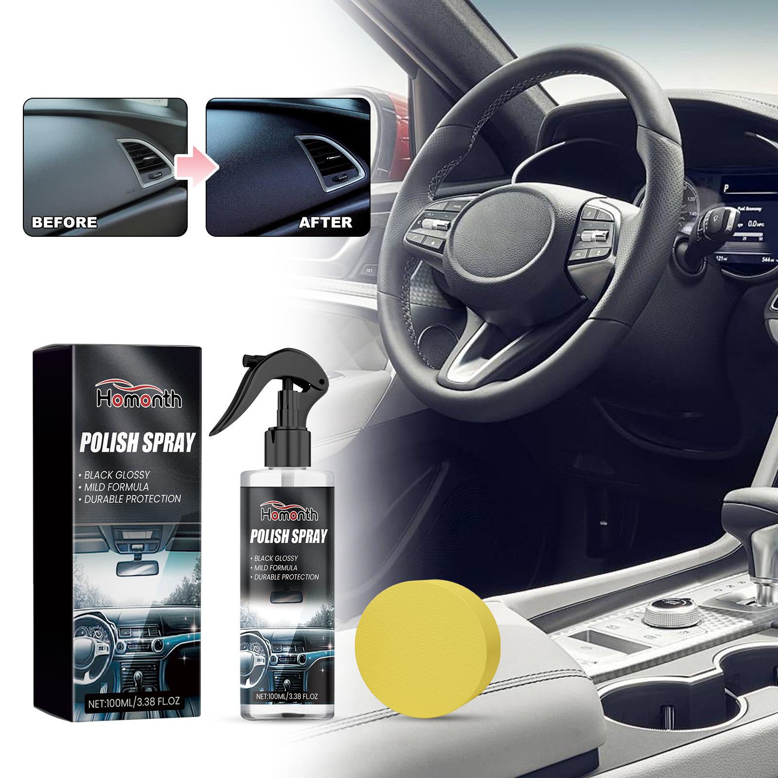 Before and after glossy dashboard surface