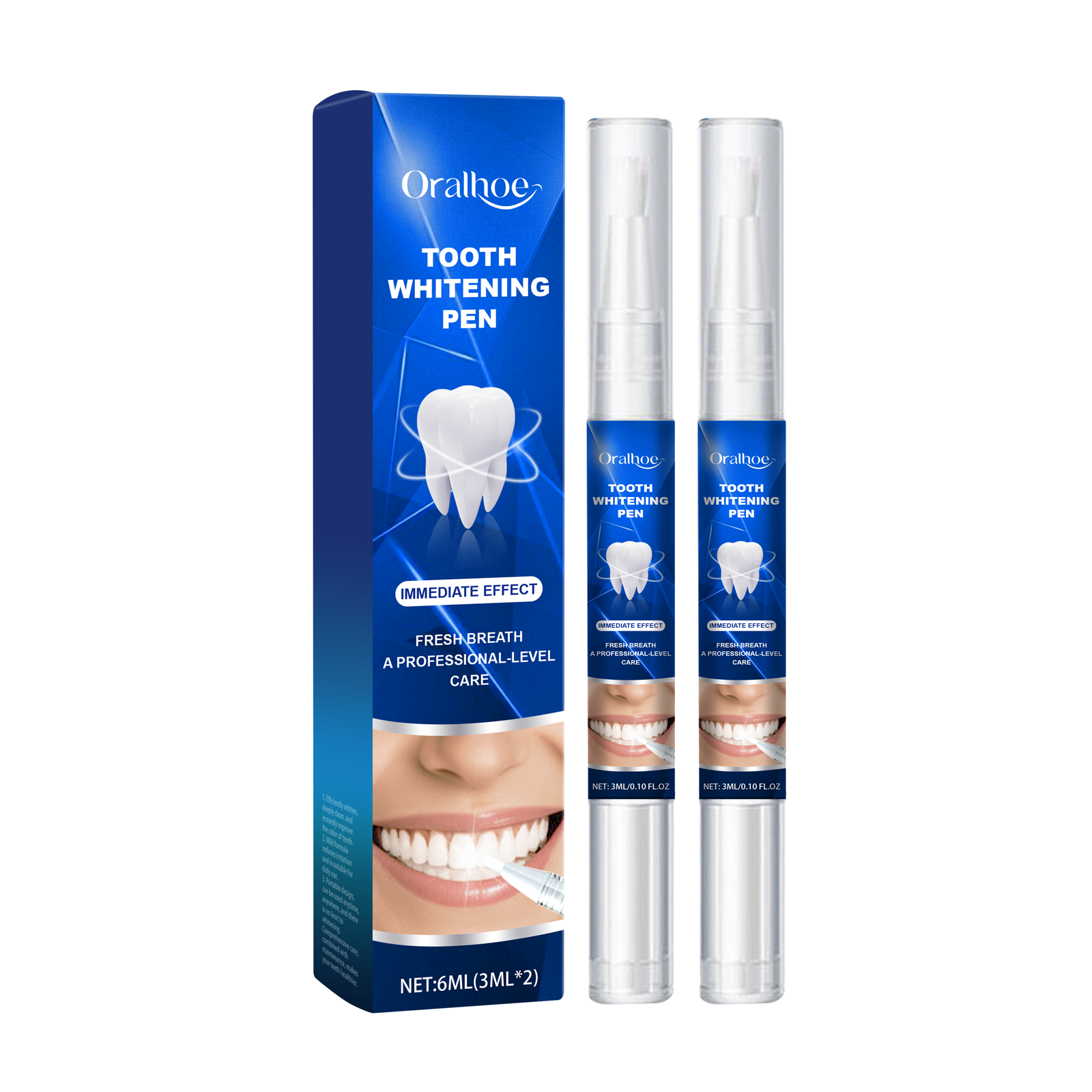 Two matching silver blue whitening pens displayed