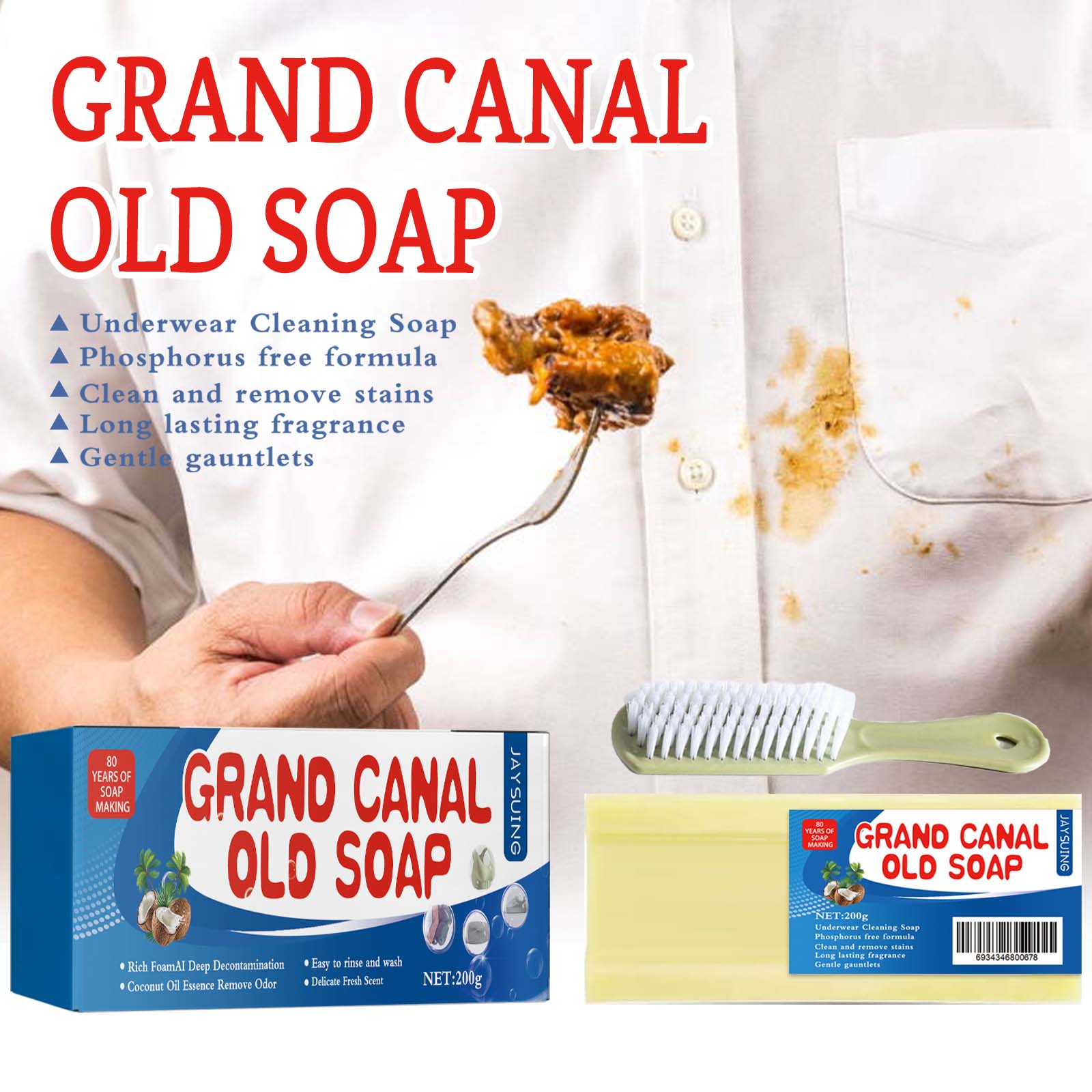 Laundry soap beside stained shirt for direct spot cleaning