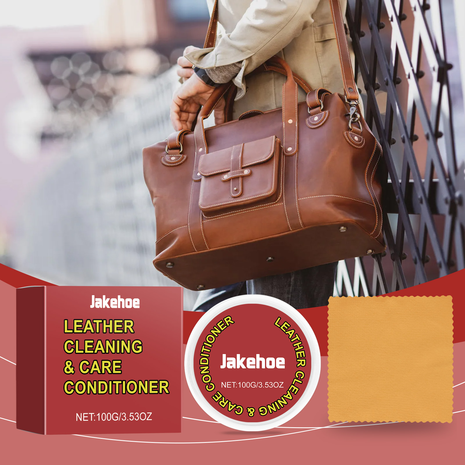 Brown leather bag with compact cleaning cream