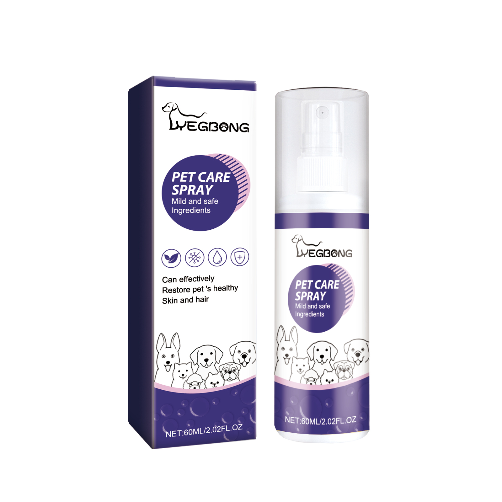 Fine-mist pet spray and purple packaging