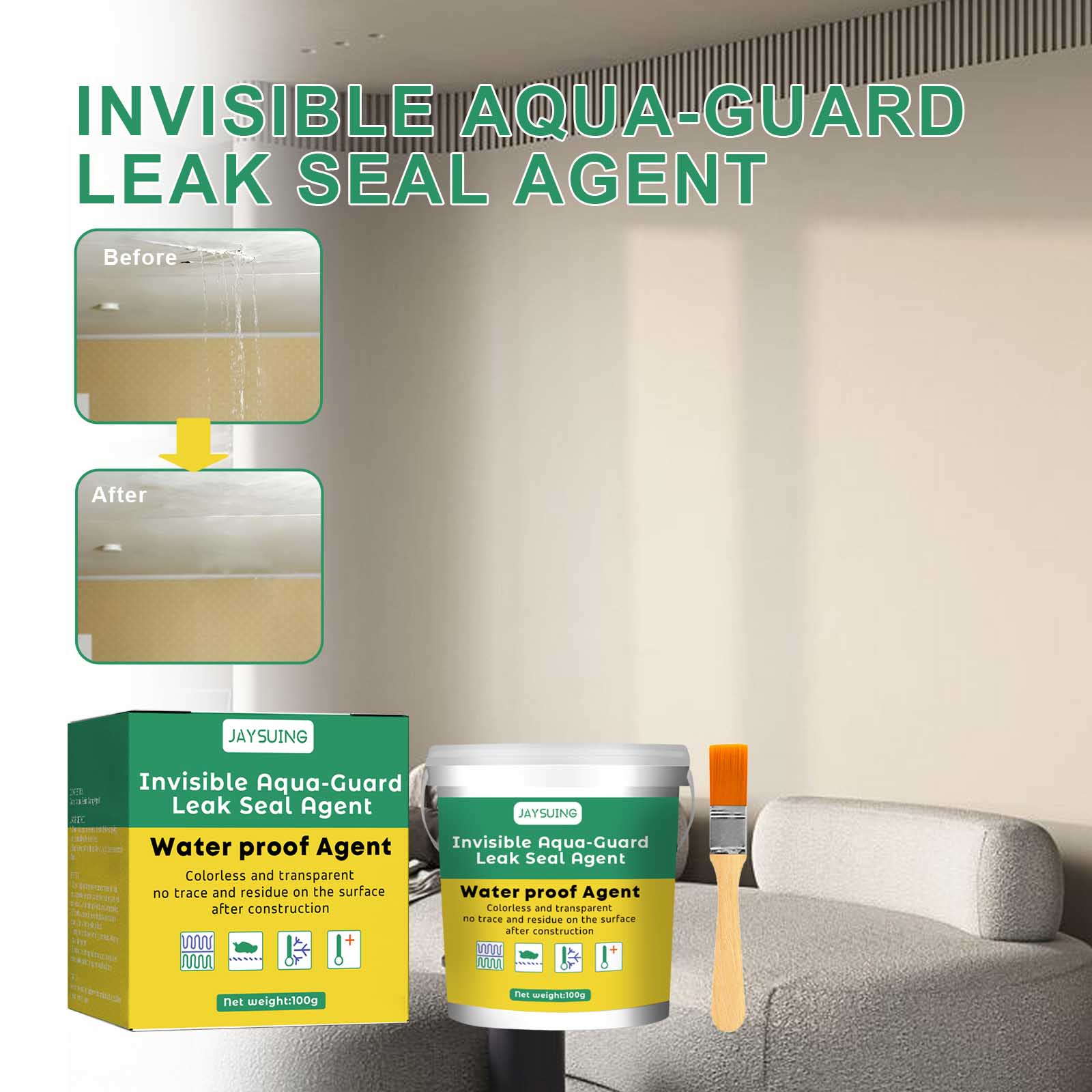 Transparent waterproof coating shown on a home surface