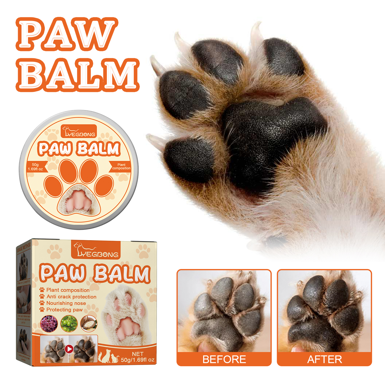 Close-up pet paw beside Yegbong moisturizing balm