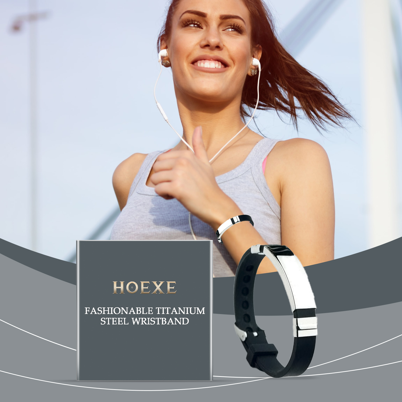 Woman styling black and silver bracelet with activewear