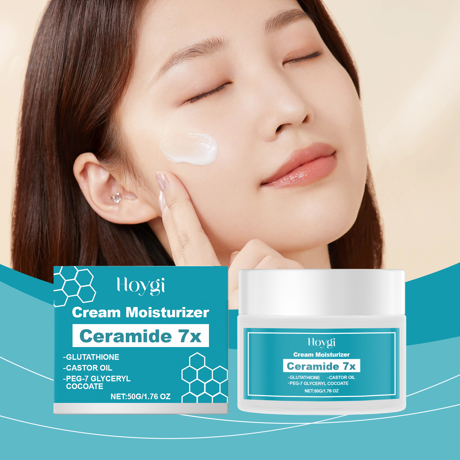 Woman applying moisturizer to cheek beside jar