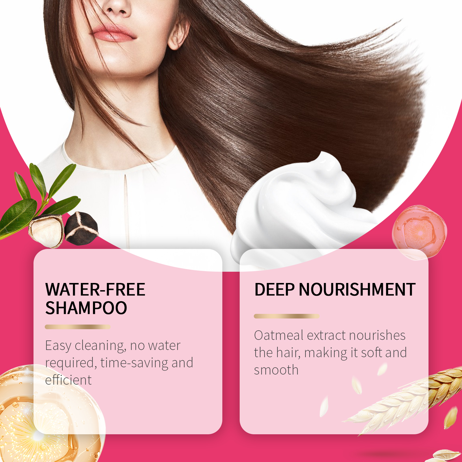 White airy mousse beside smooth dark hair