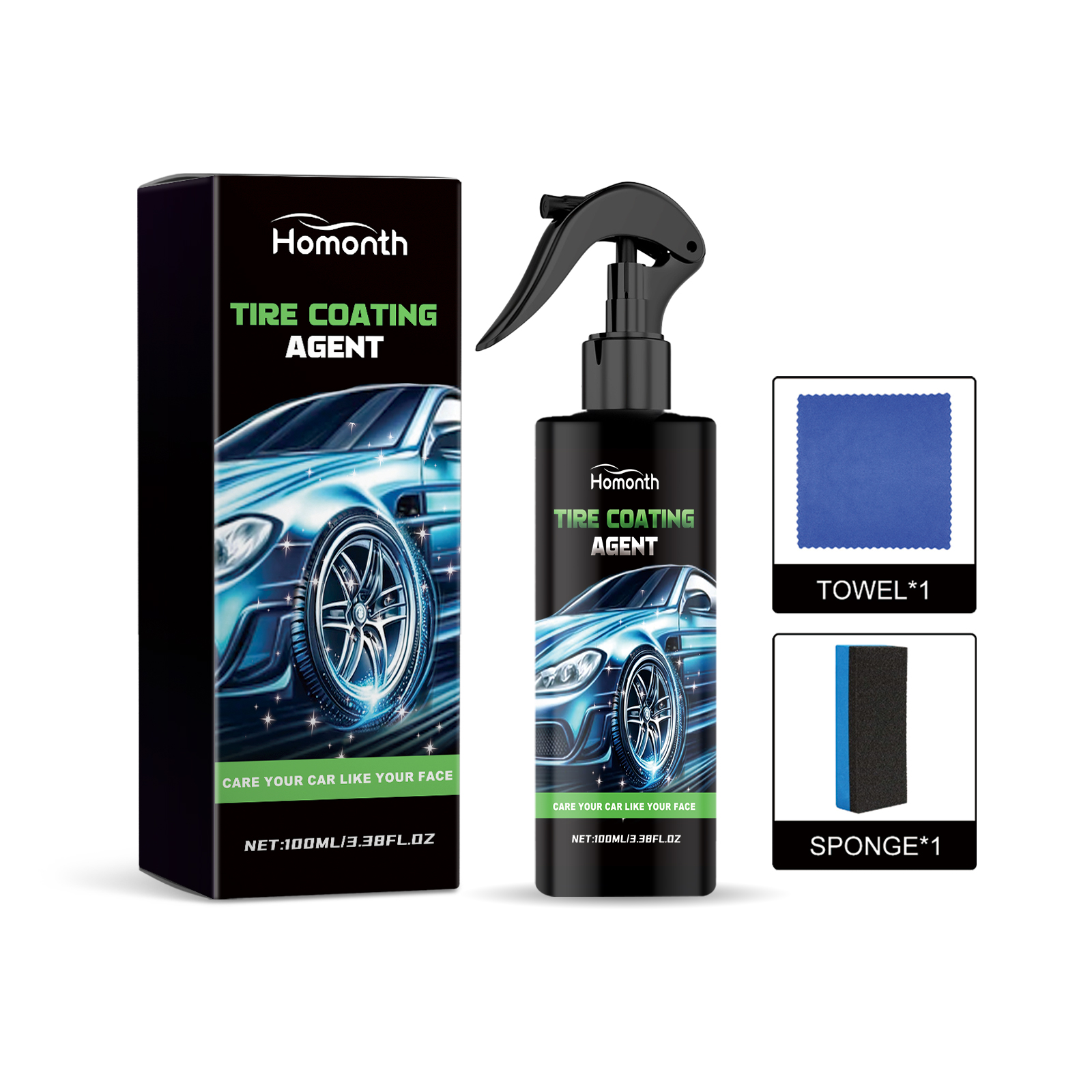 Tire care bottle sponge towel and retail box together