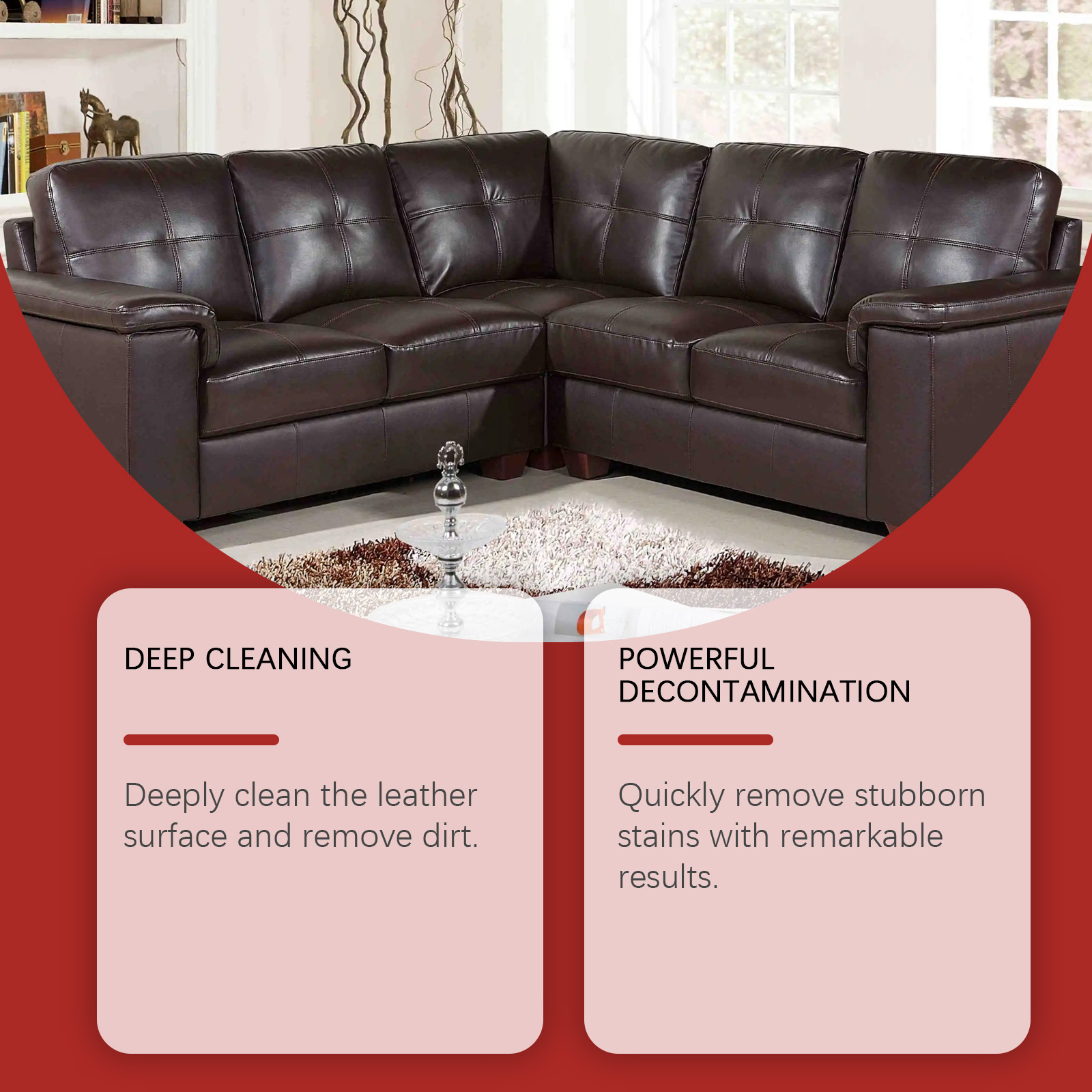 Dark leather sofa with deep cleaning message