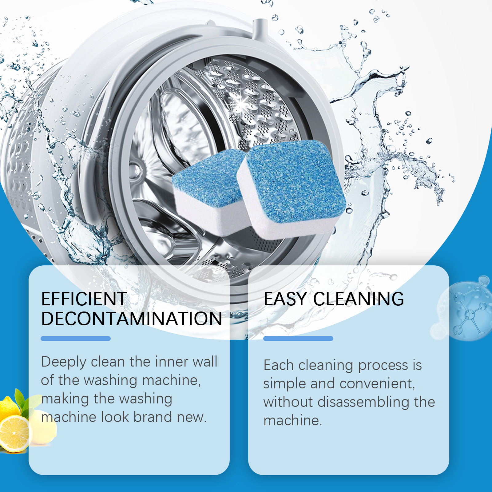 Cleaning tablet placed inside an open washing machine
