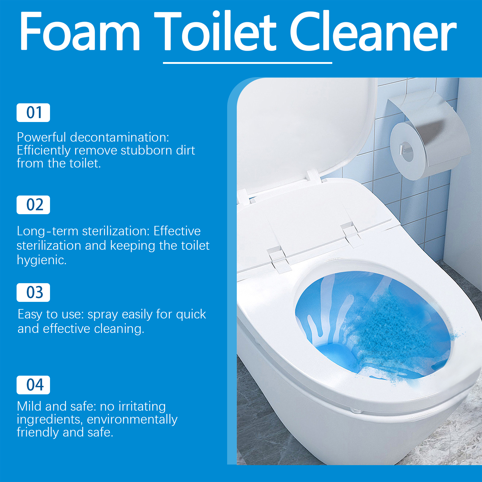 Toilet cleaner benefit graphic with blue foam