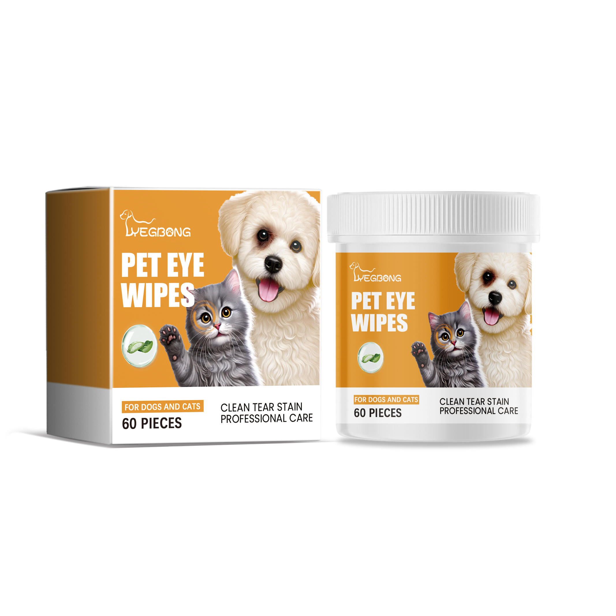 Orange pet eye wipe packaging with screw-top tub