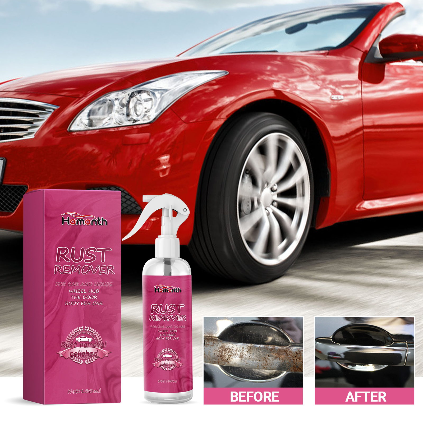 Rust-stained car handle shown in before-and-after cleaning scene