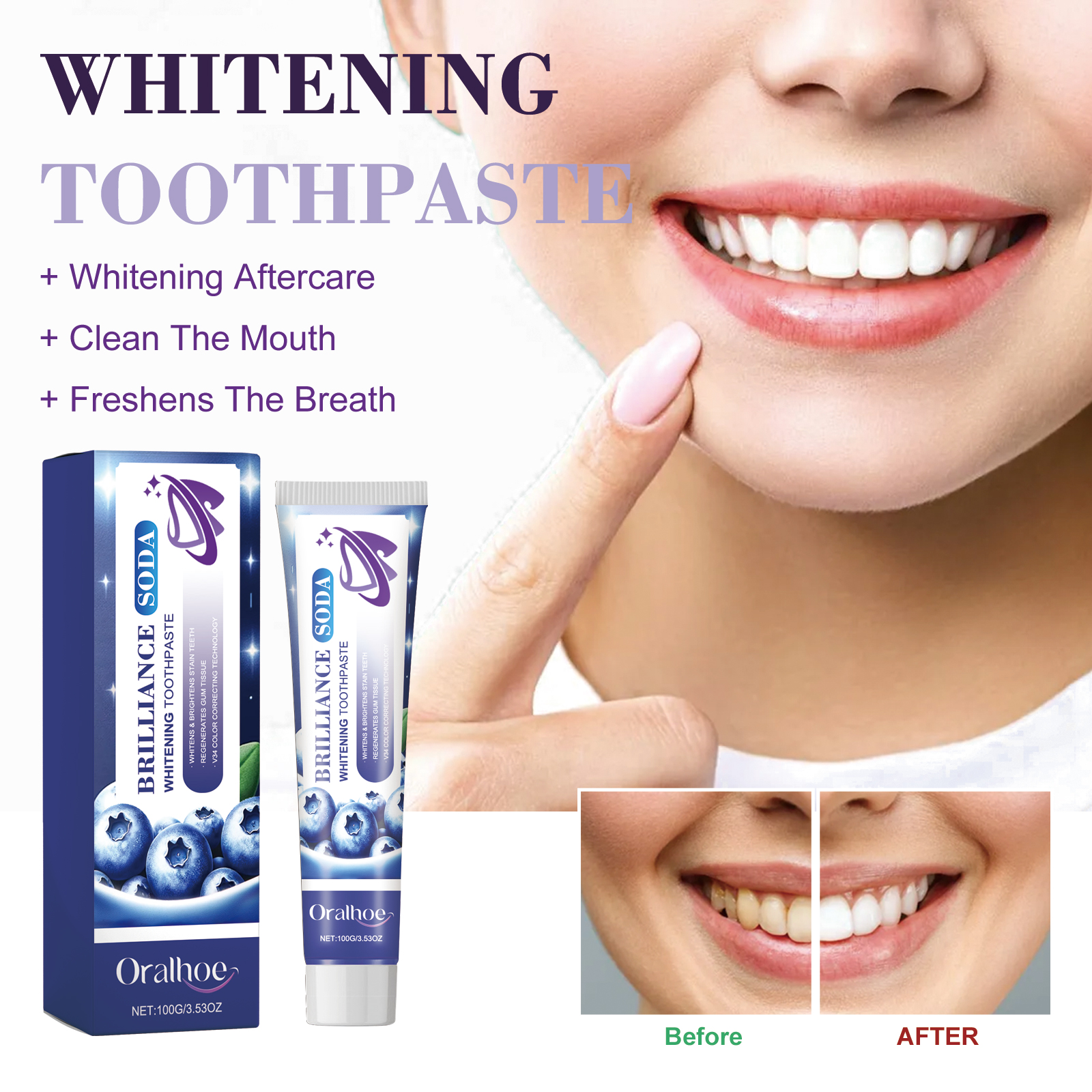 Fresh smiling woman beside blueberry toothpaste
