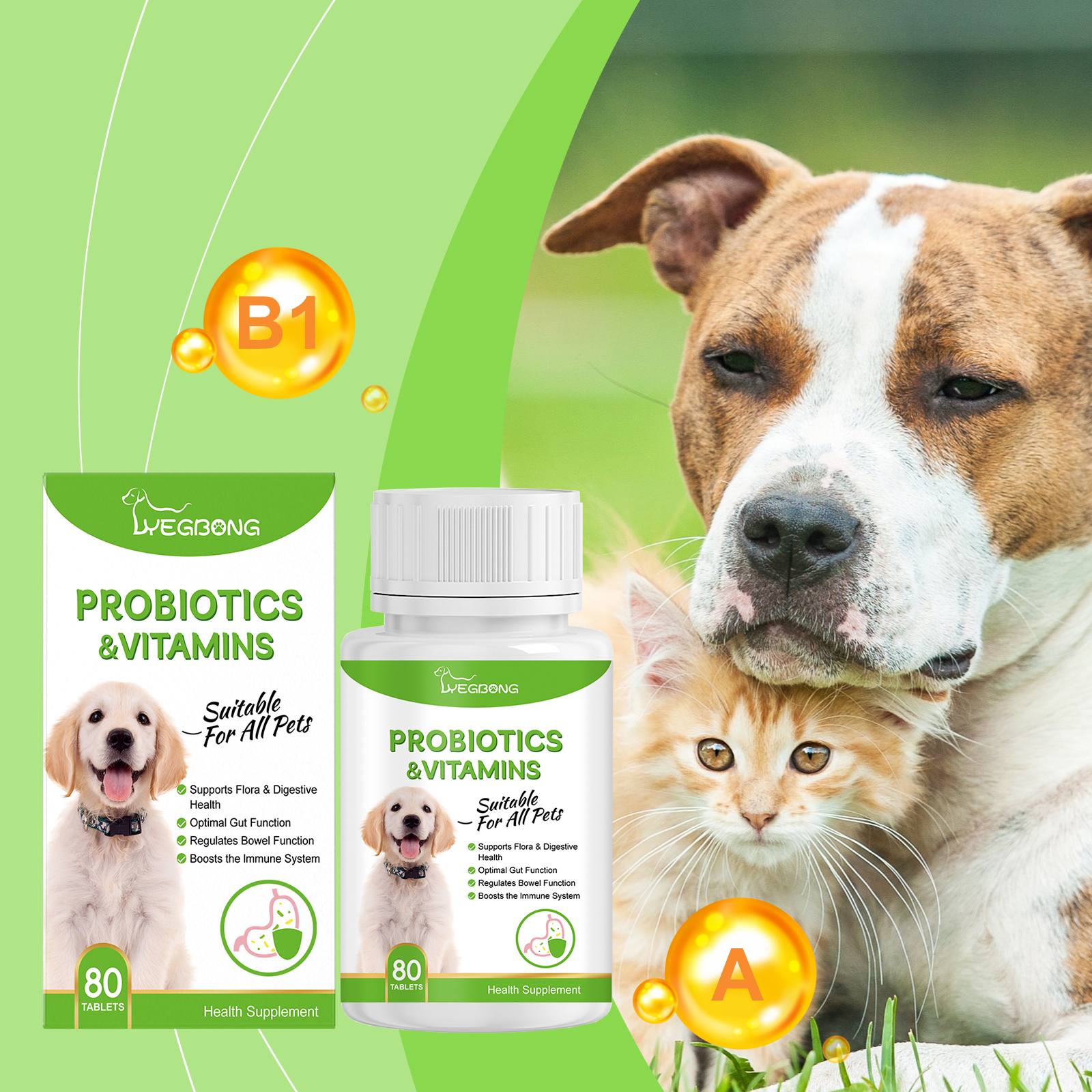 Probiotic packaging with dog cat and vitamin graphics