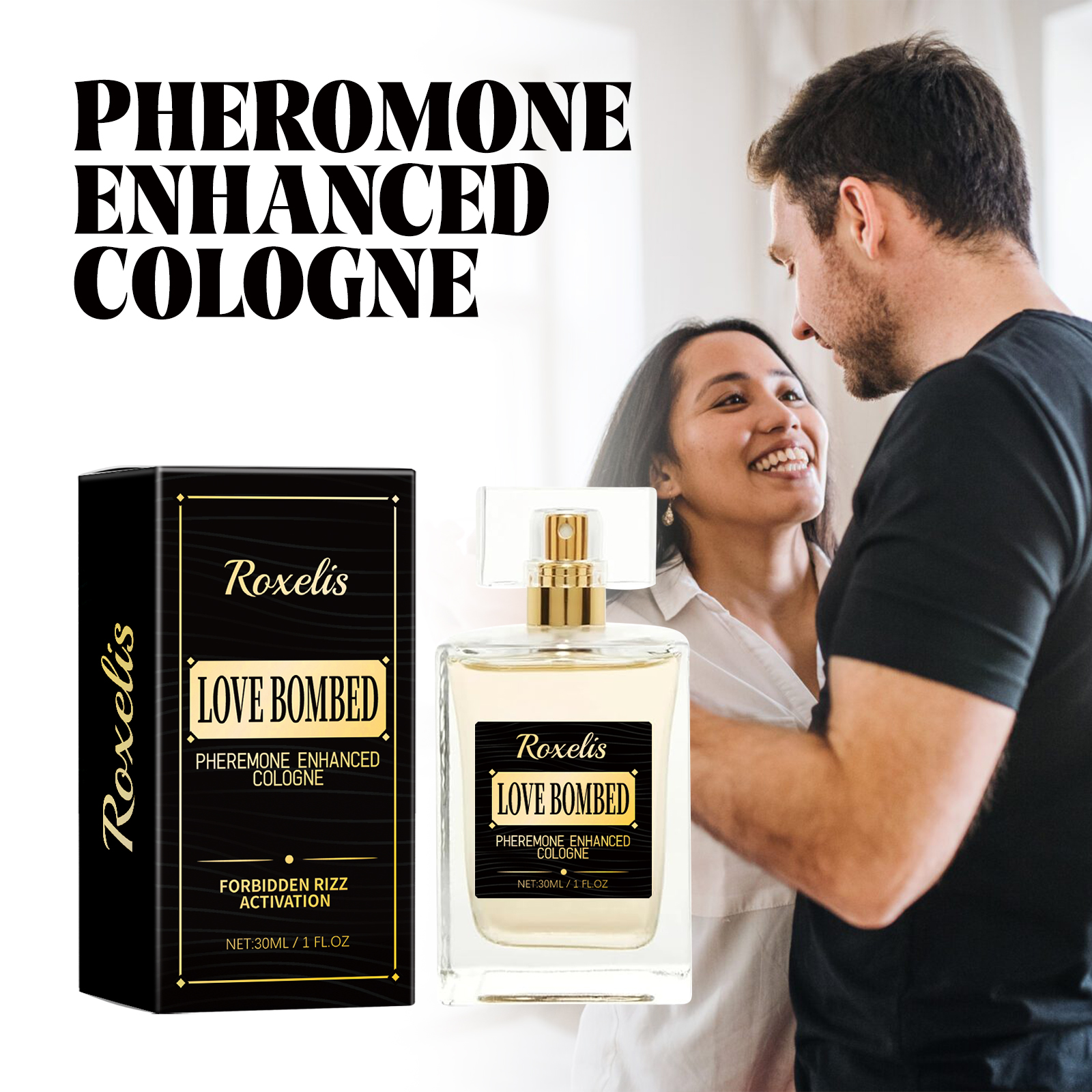 Couple connecting beside fresh pheromone-enhanced cologne