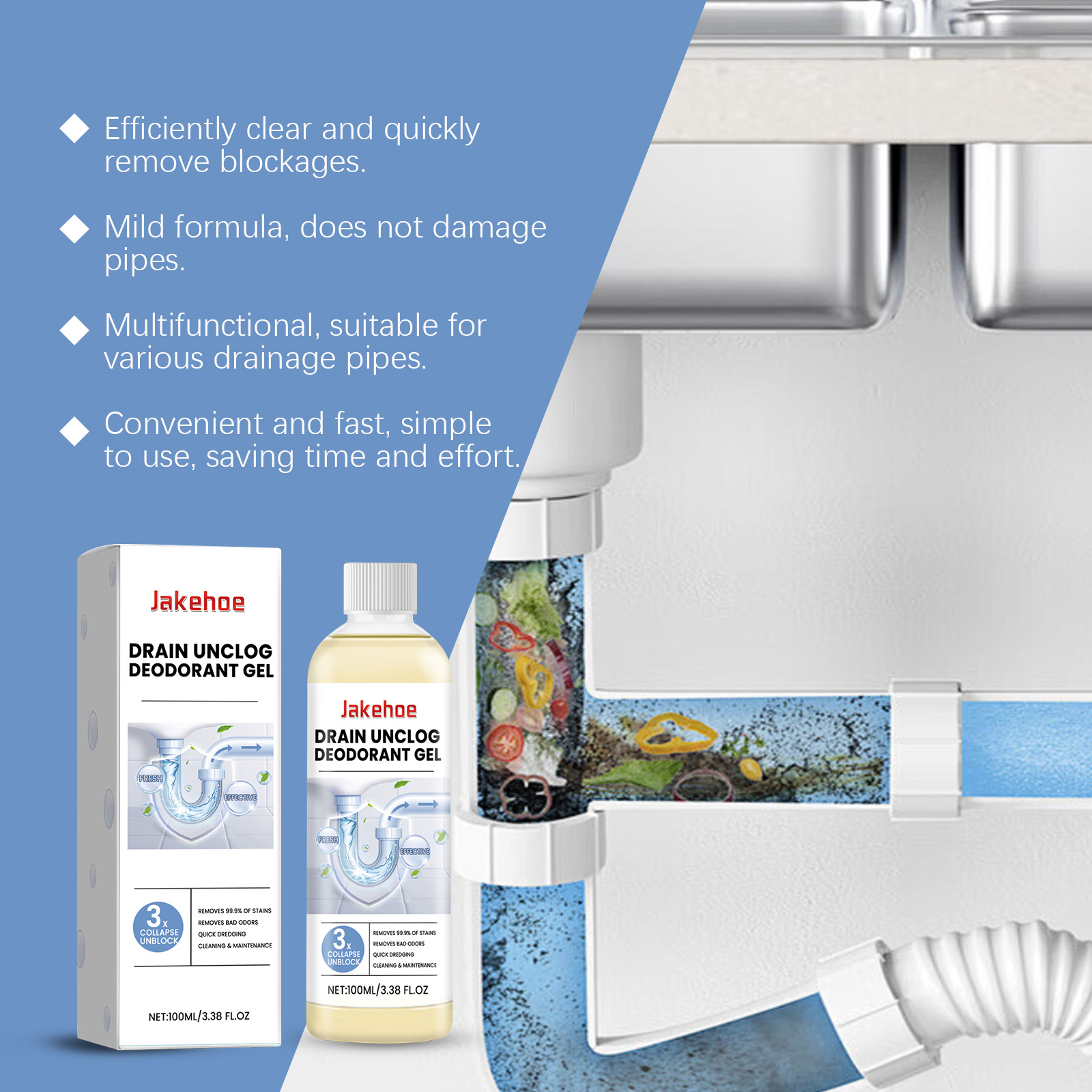 Drain gel with pipe illustrations and household use claims