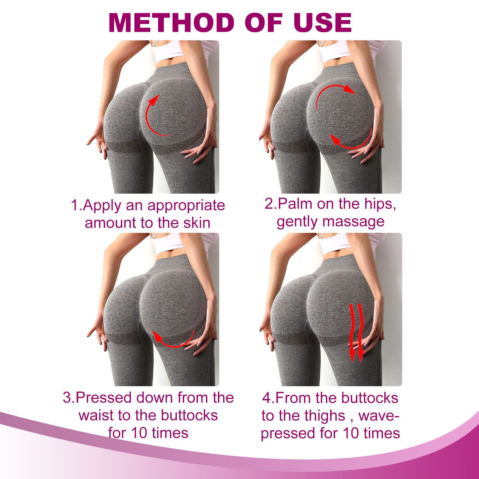 Four illustrated steps for hips and thigh massage
