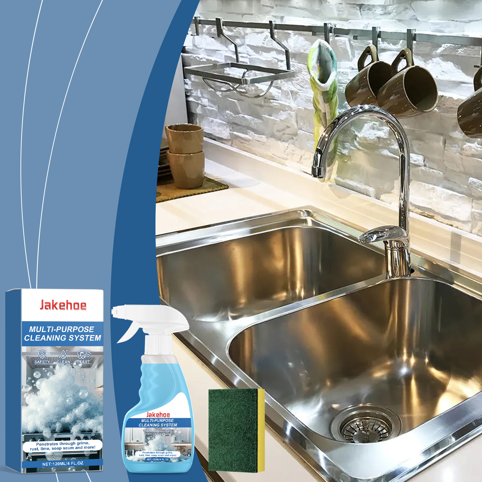Cleaner and sponge beside a reflective stainless sink