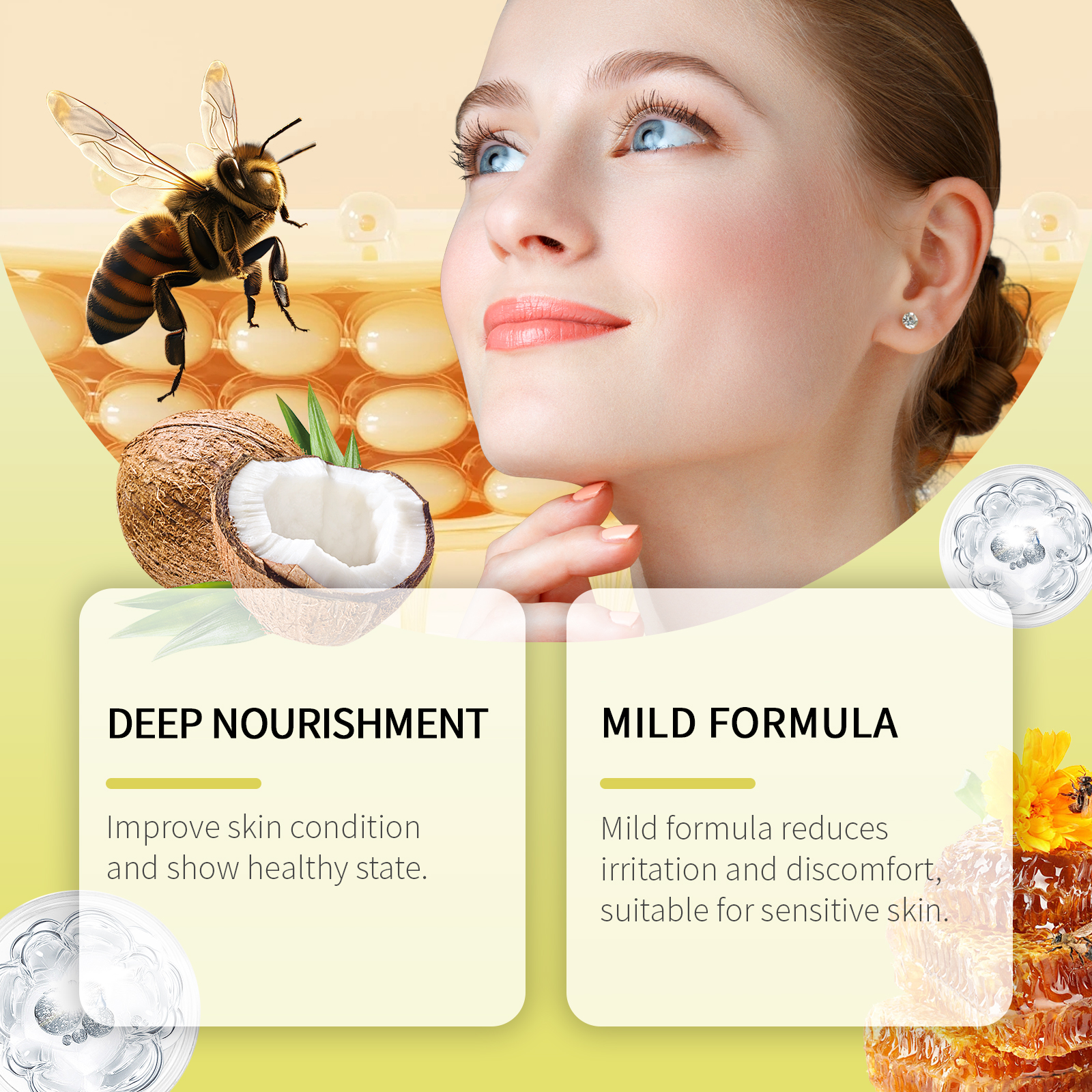 Bee and honeycomb skincare graphic with nourishing cream claims