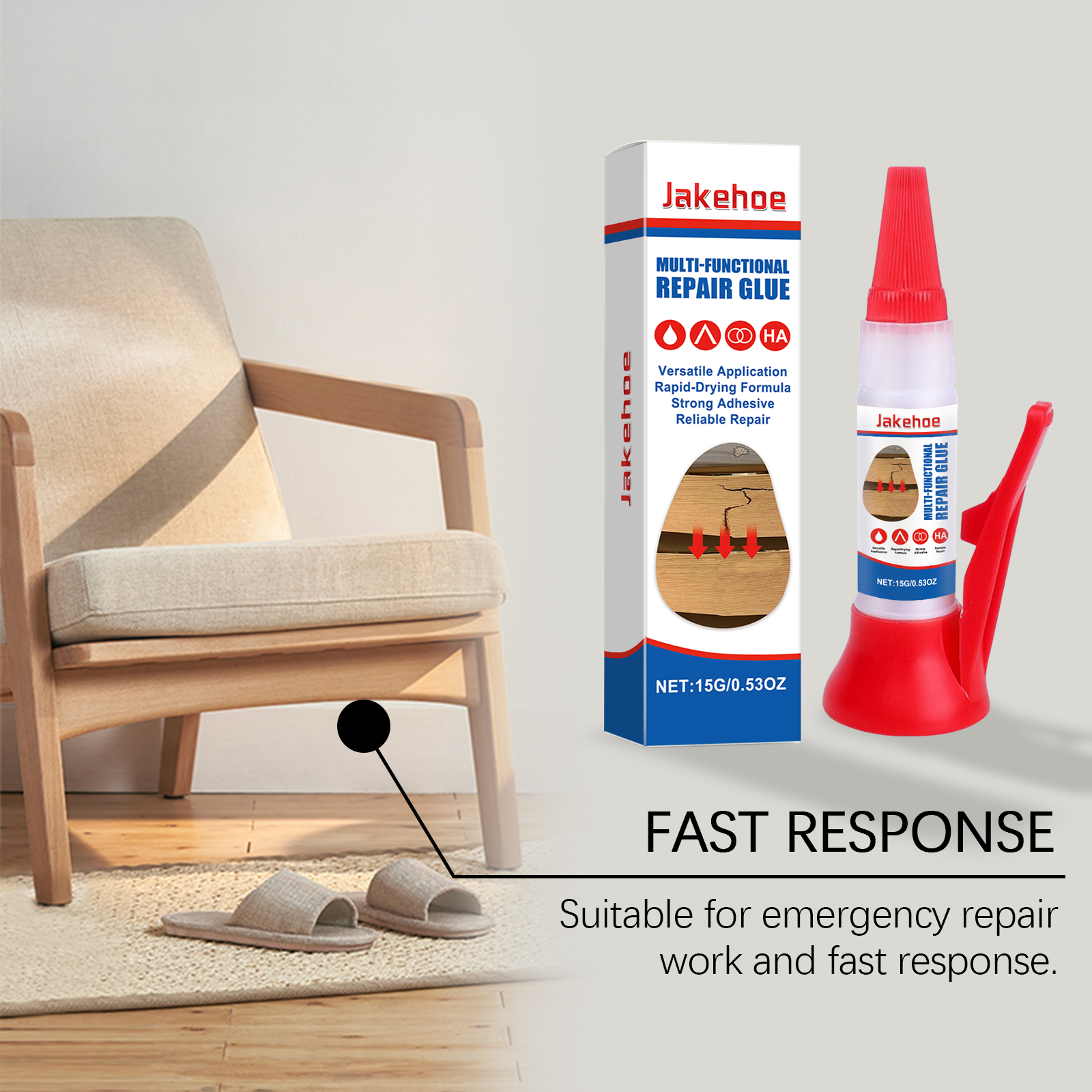Precision repair adhesive beside a wooden chair