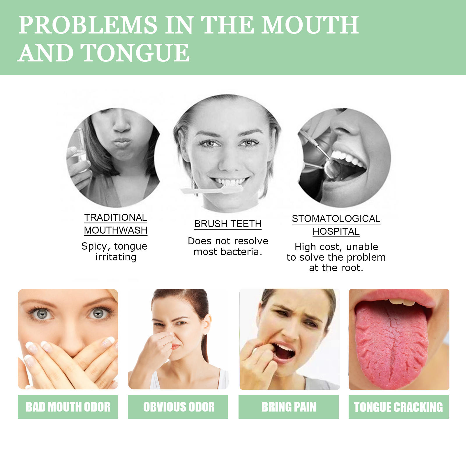 Illustration of cracked tongue and mouth odor concerns