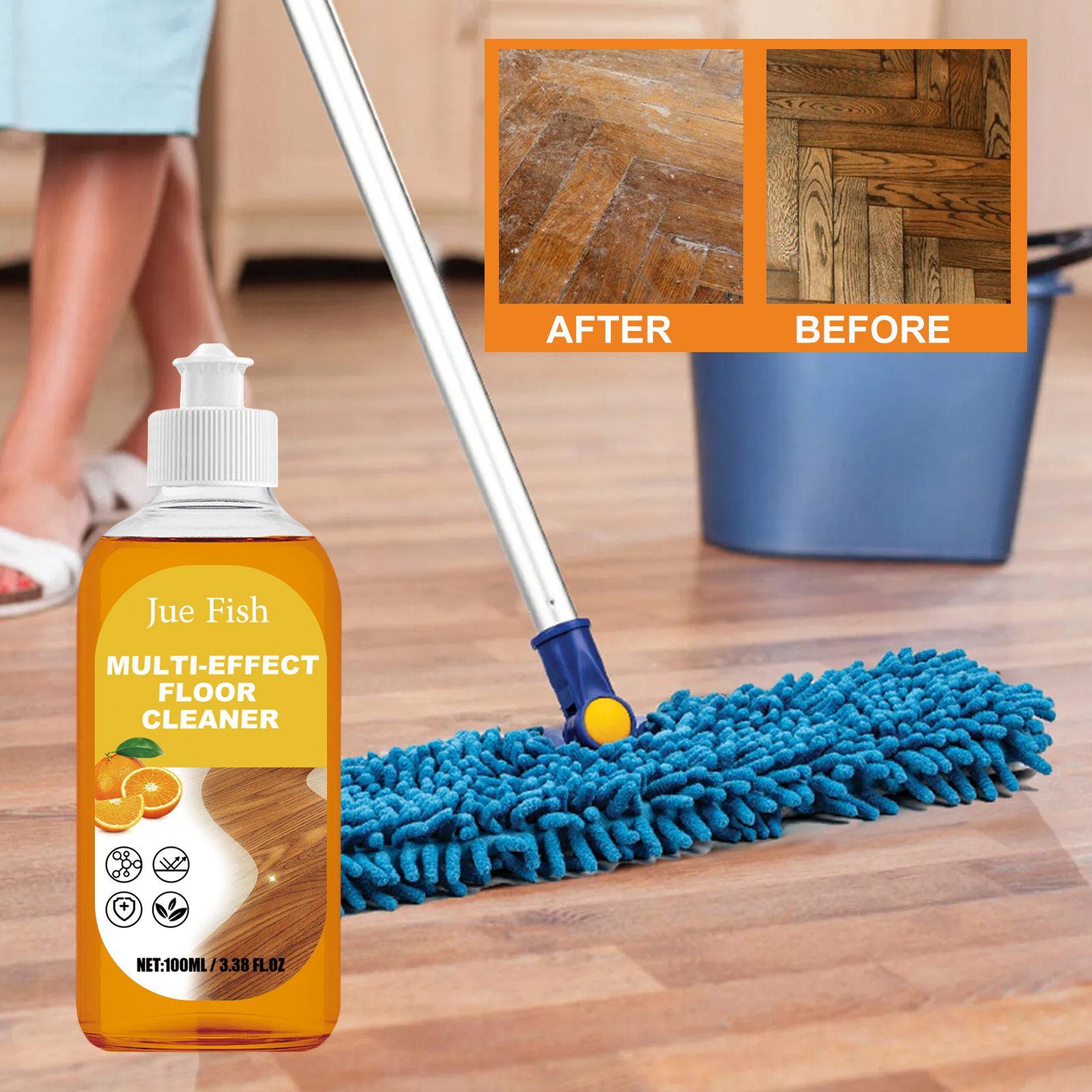 Orange cleaner beside mop on marked wooden floor