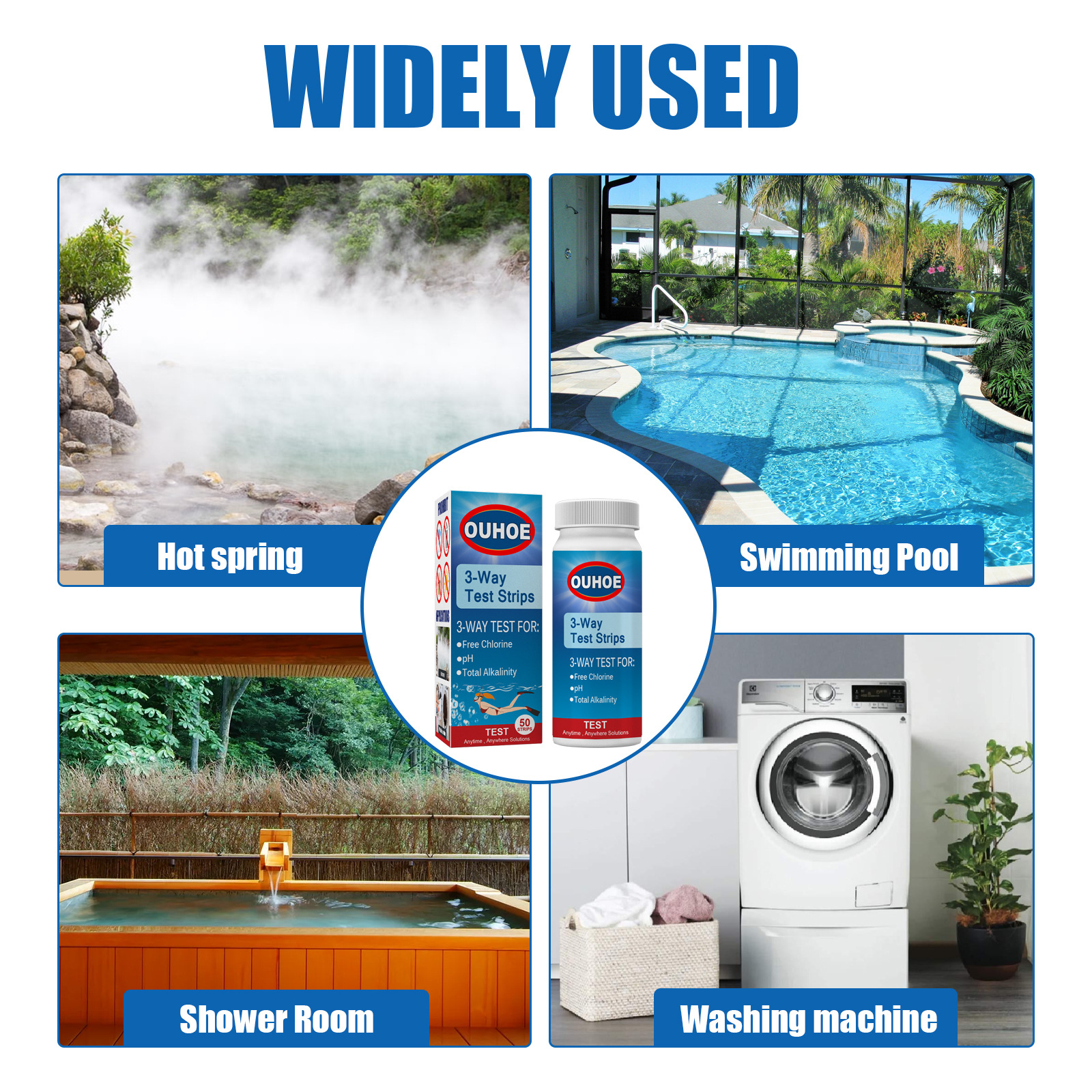 Water testing product shown across pool and spa settings