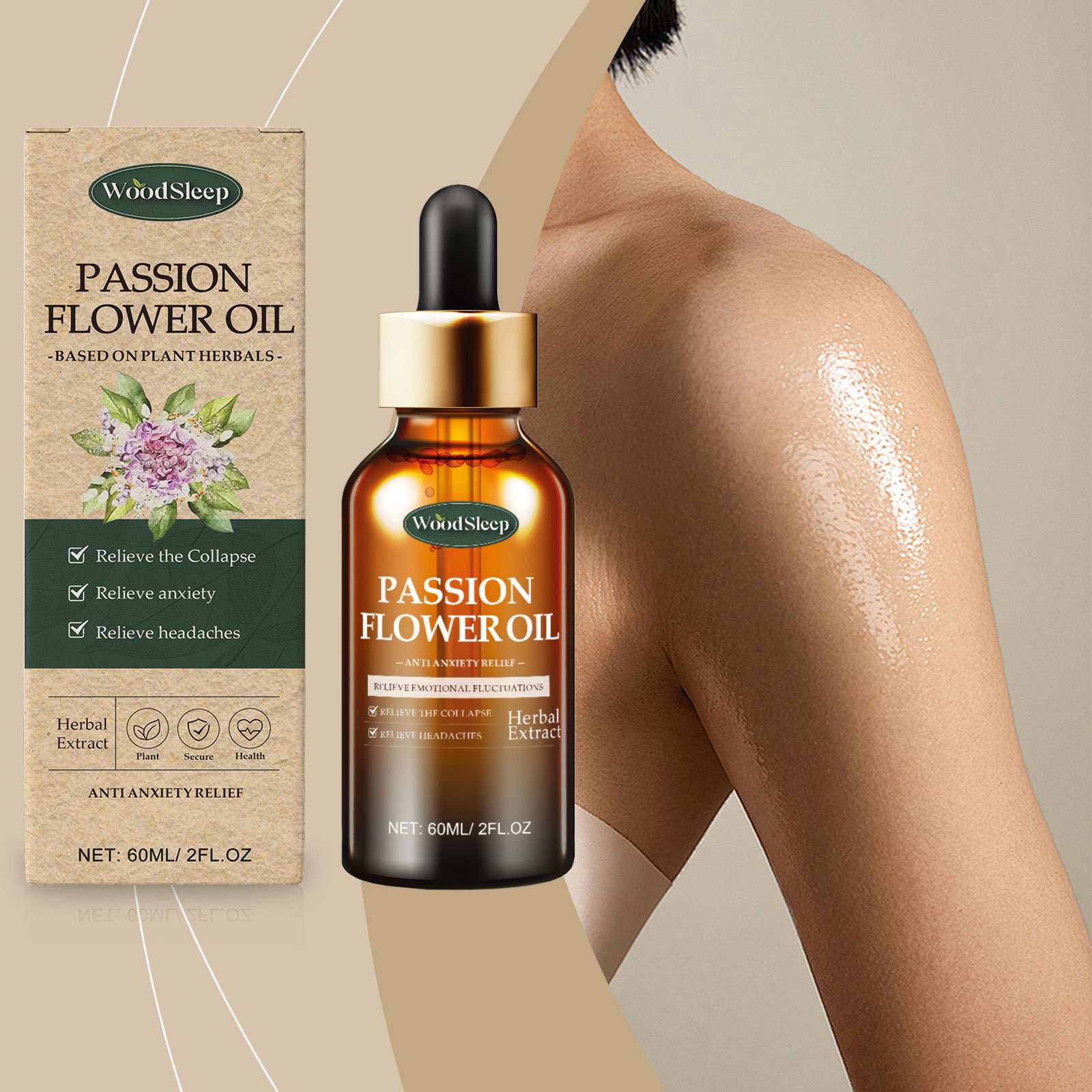 Hands applying the passion flower oil to shoulder, natural absorption