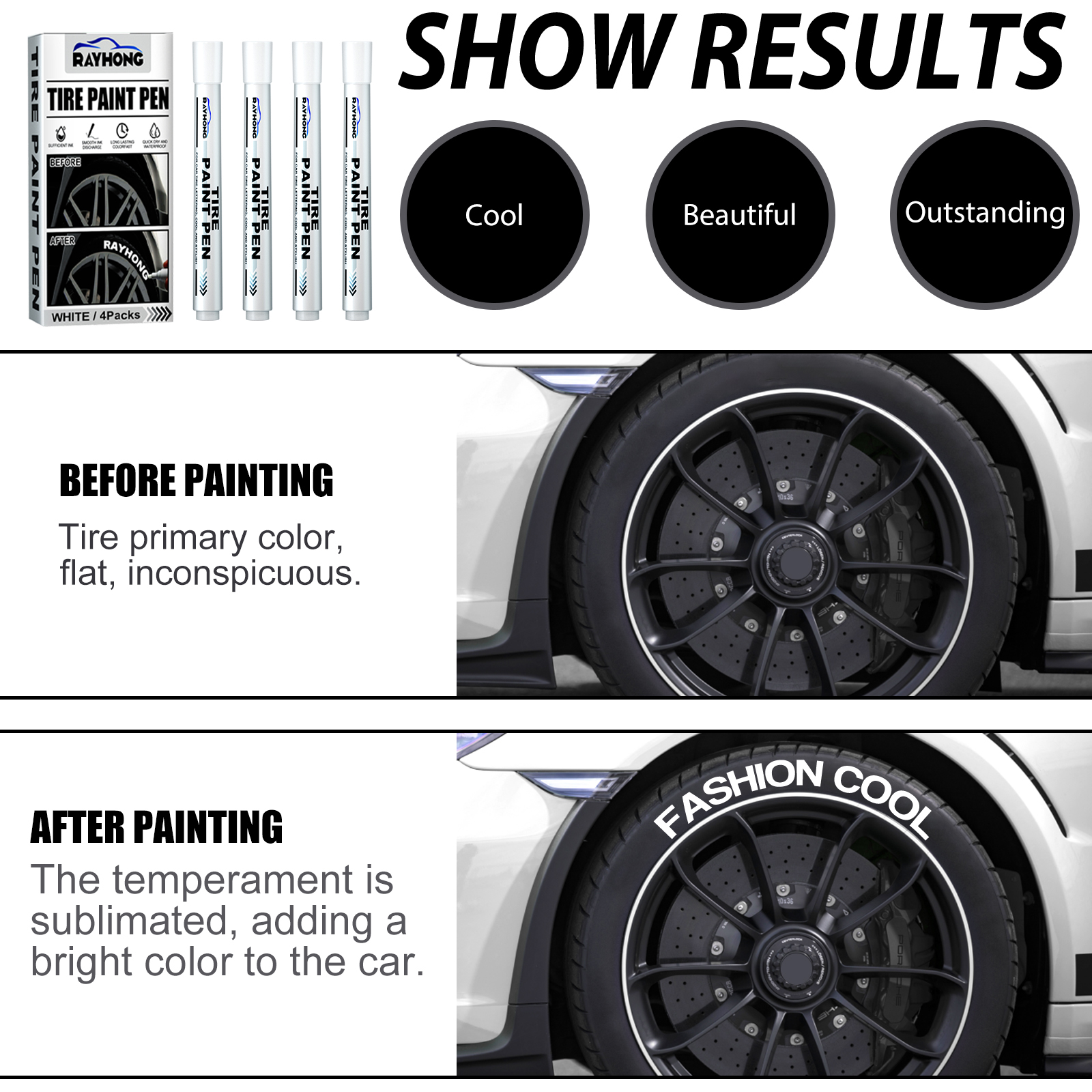 Bright white lettering on dark tire sidewall